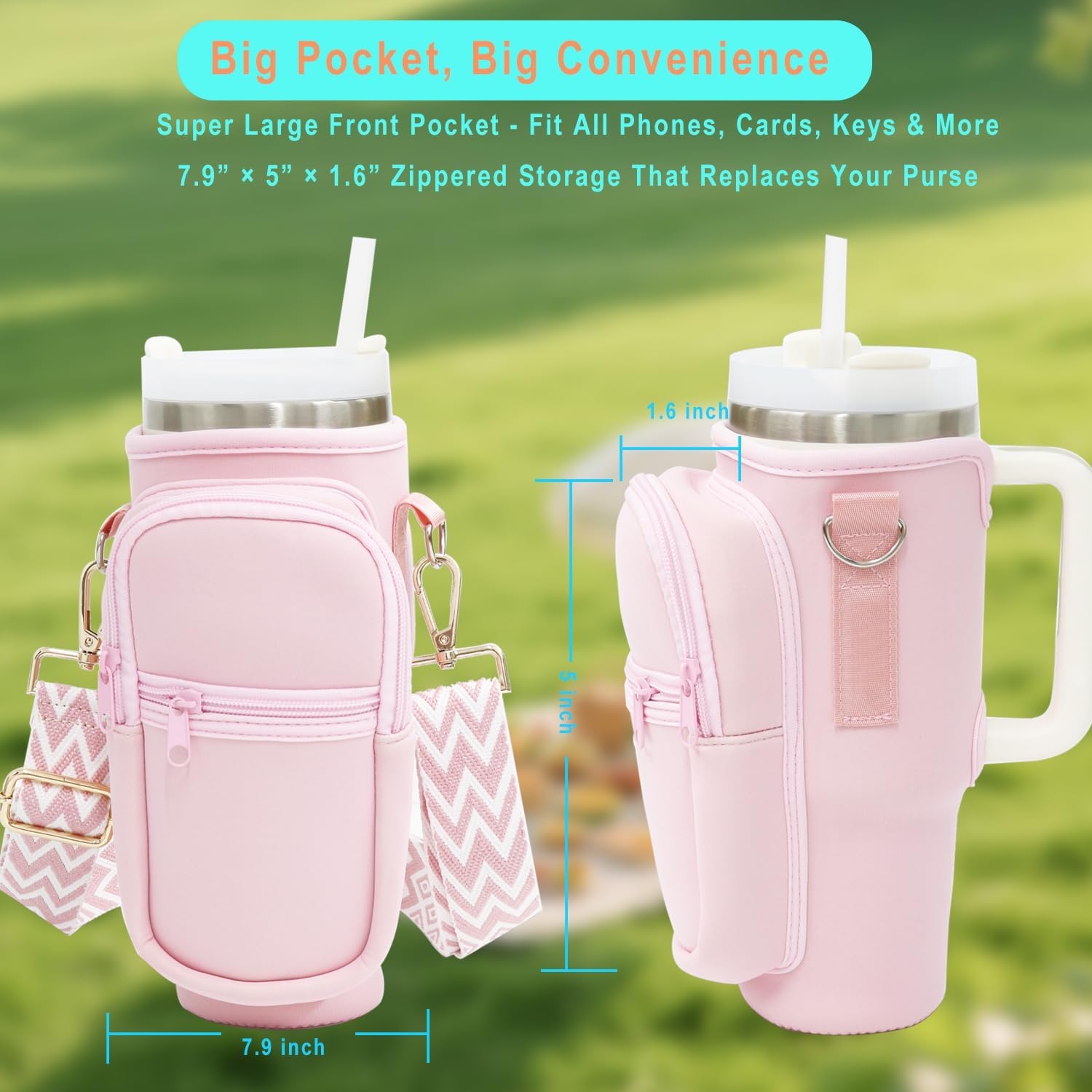 Water Bottle Holder with Strap for Stanley Cup 40 oz Tumbler with Handle, Super Large Capacity Pocket, Water Bottle Carrier Bag with Phone Pocket for Stanley Cup Accessories (Pink) - Image 2