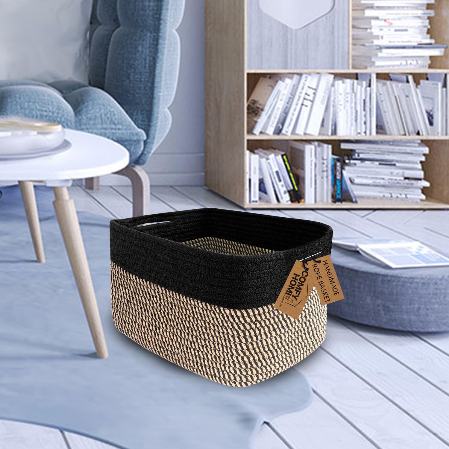 COMFY-HOMI Cotton Rope Square Basket With Handles for Shelves|Dog Toy Basket Bin and Storage|Baby Basket for Gift|Shoe Basket for Organizing|NEW 13.5" x 11" x 9.5" for Living Room(Black/Jute)