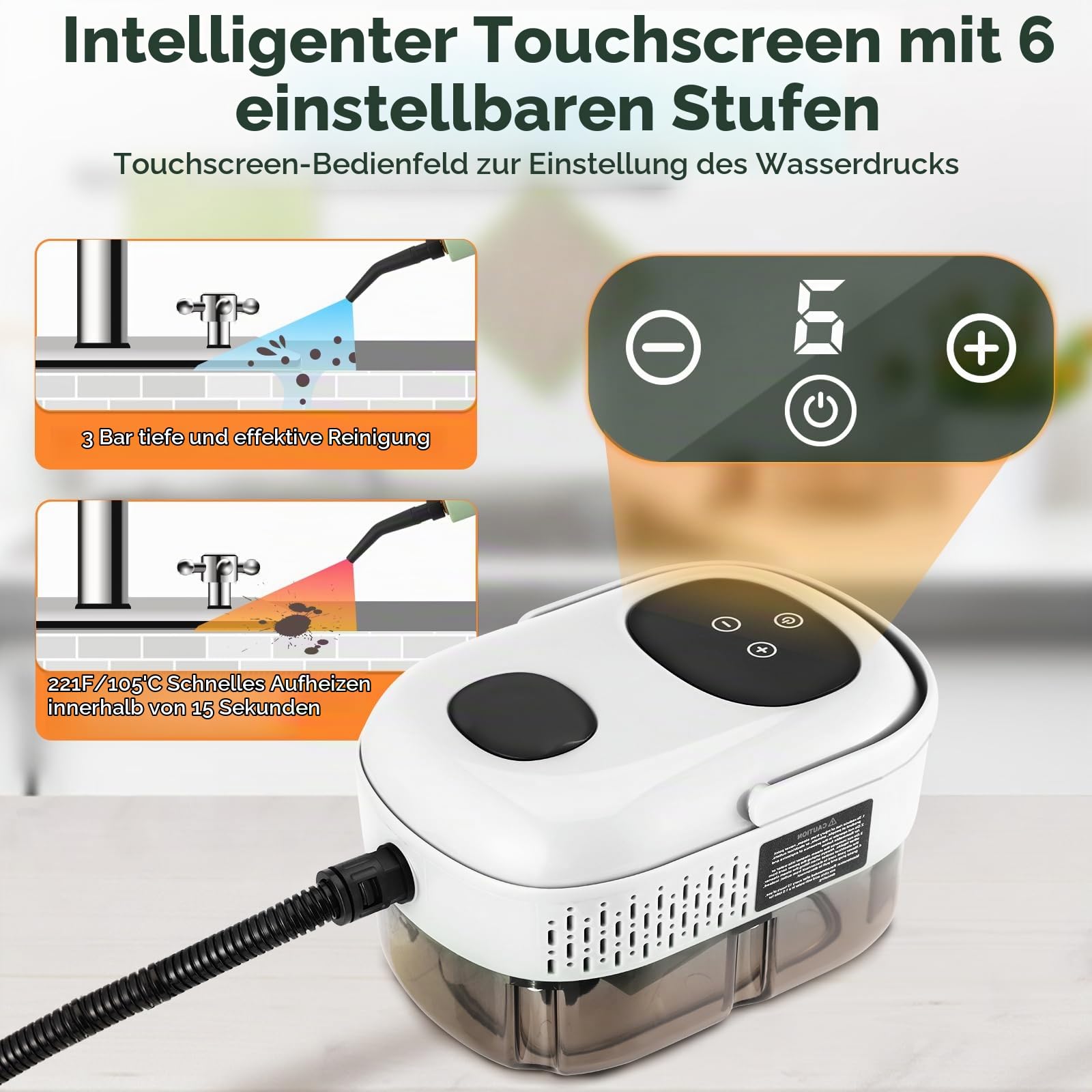 2500W Tragbarer Dampfreiniger mit 1100ML Wassertank, Dampfreiniger Handgerät 3.0 bar Druck & 9 Zubehörteilen und 3 Bürstenköpfen – Ideal für Küche, Bad, Auto & Polster
