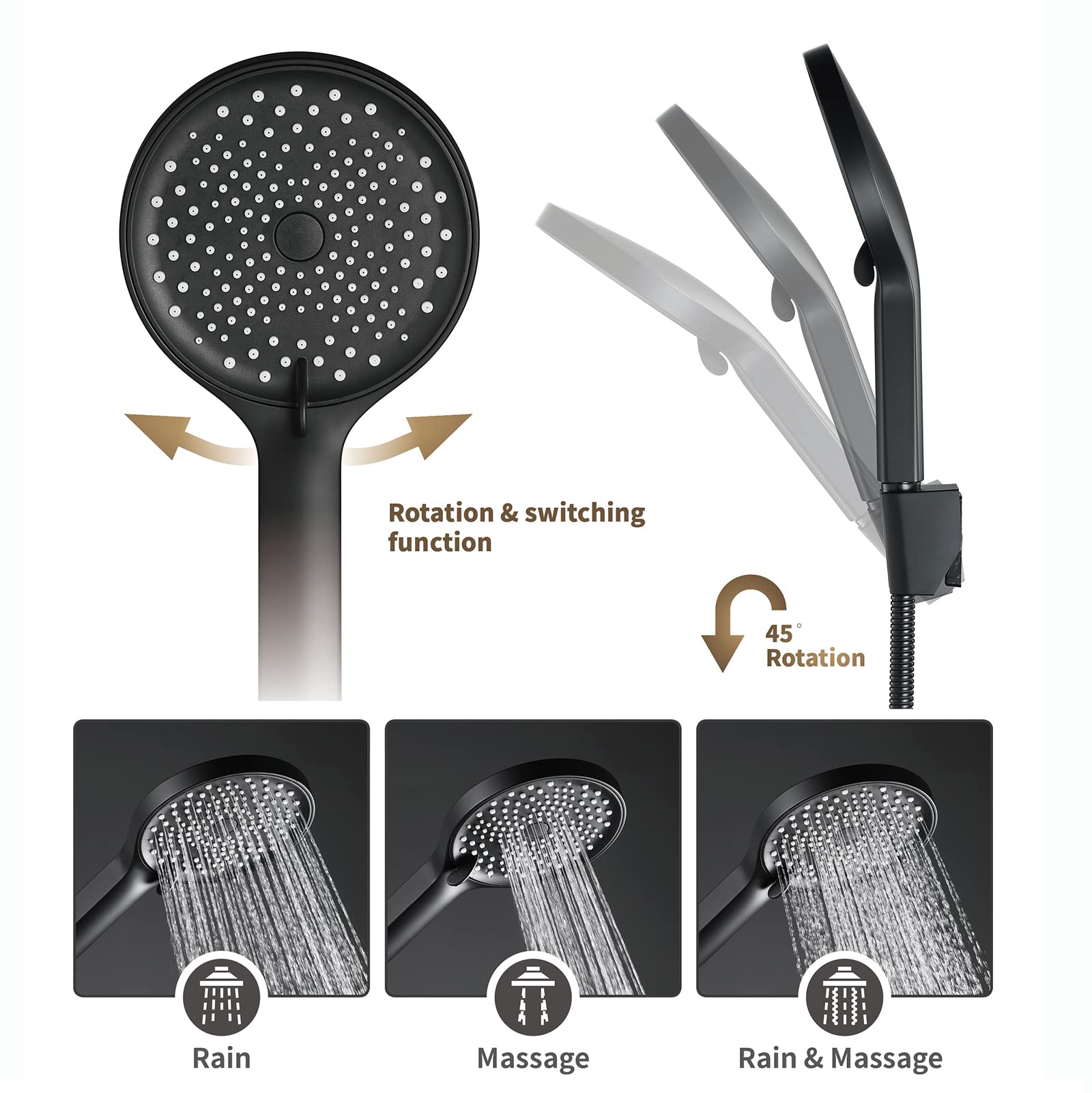 Alcachofa de Ducha ABS Universal Cabezal de Ducha 3 Modos Cabezal de Ducha de Mano con 1.5M Manquera Ducha, Alta Presión Ahorro de Agua Telefono Ducha con Ajustable Soporte,Negro