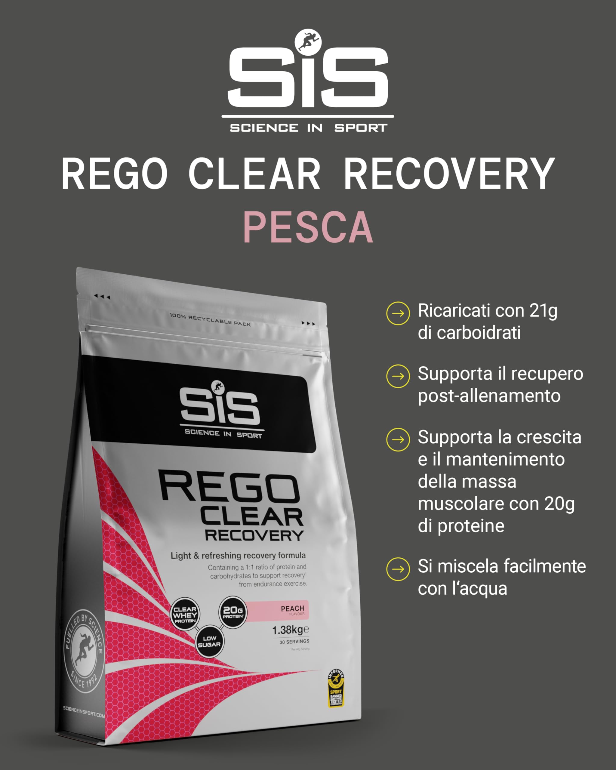 Science in Sport Rego Polvere Clear Isolate 1,38kg Pesca - Polvere per Bevande di Recupero con Carboidrati, Proteine e Vitamine, Supporta un allenamento efficace