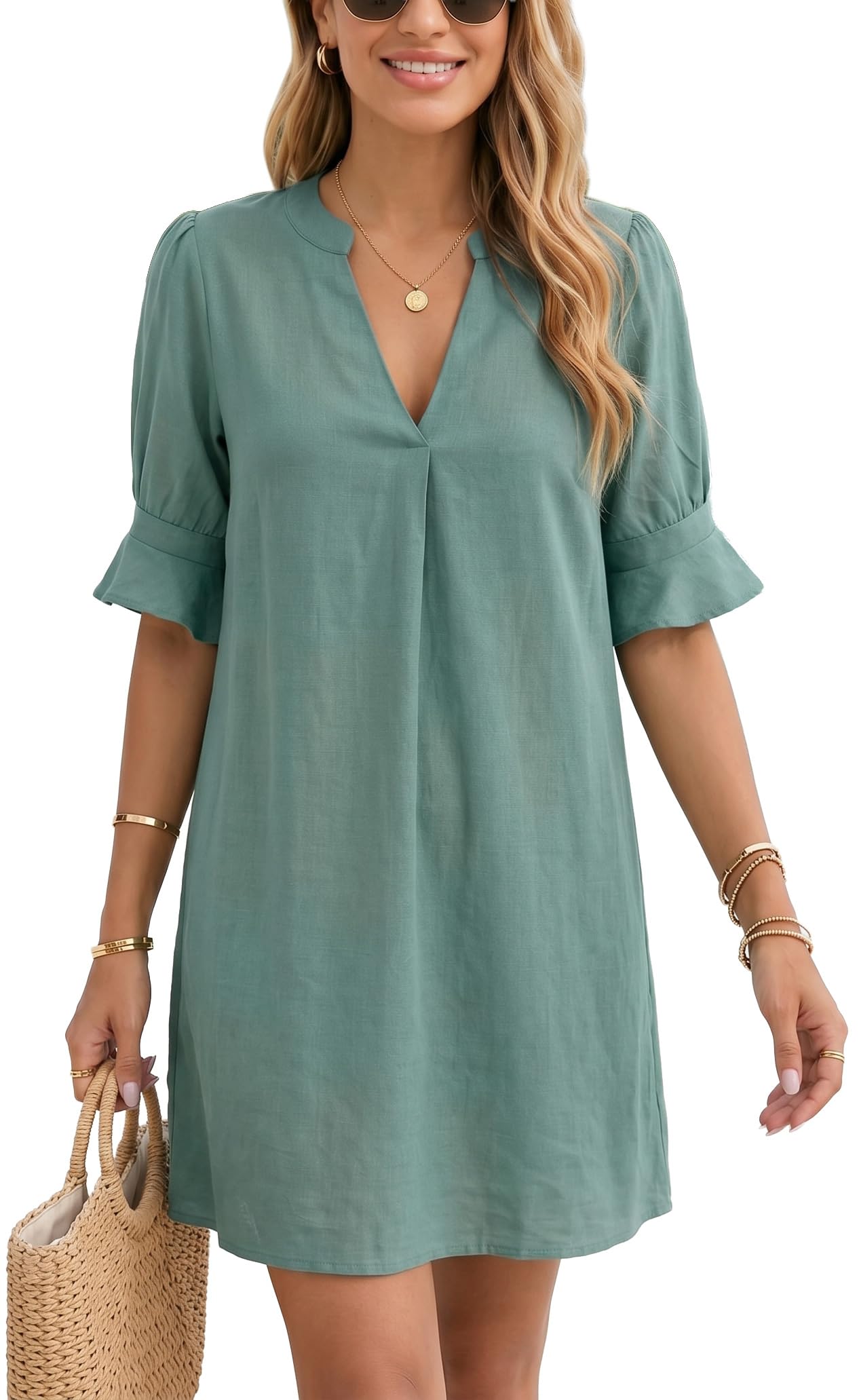 YUTILA Damen Strandkleid Kurz Leinenkleid V-Ausschnitt Bikini Cover Up Sommerkleid Strand Tunika Baumwolle Leinen Locker Leicht Unifarben Beachwear