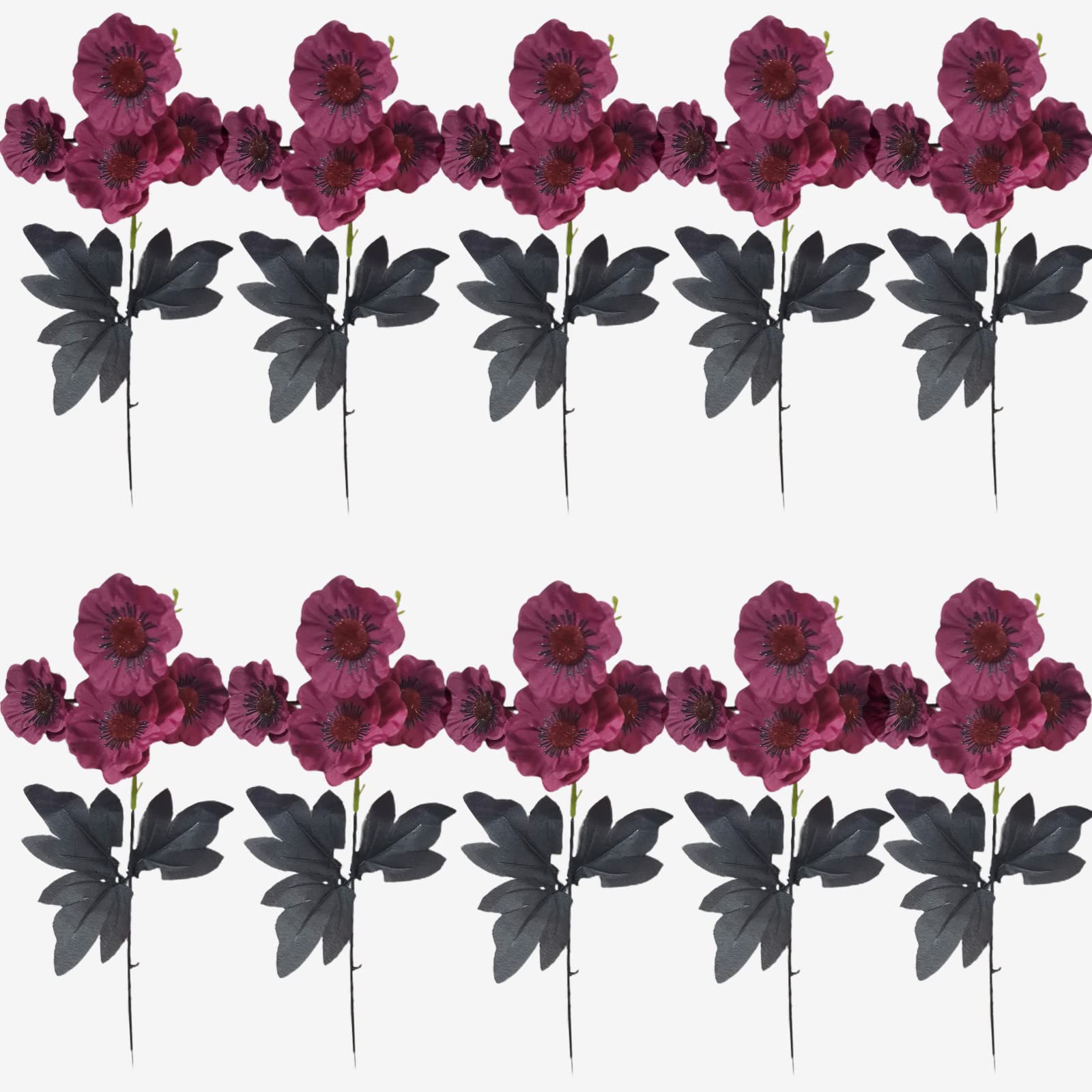 KHBNHJ 10 PCS 4 Heads Purple Artificial Poppy Flower 49 CM Silk Poppy Flowers with Black Leaves & Long Stems Faux Poppy Bouquet for Home Party Wedding Decoration