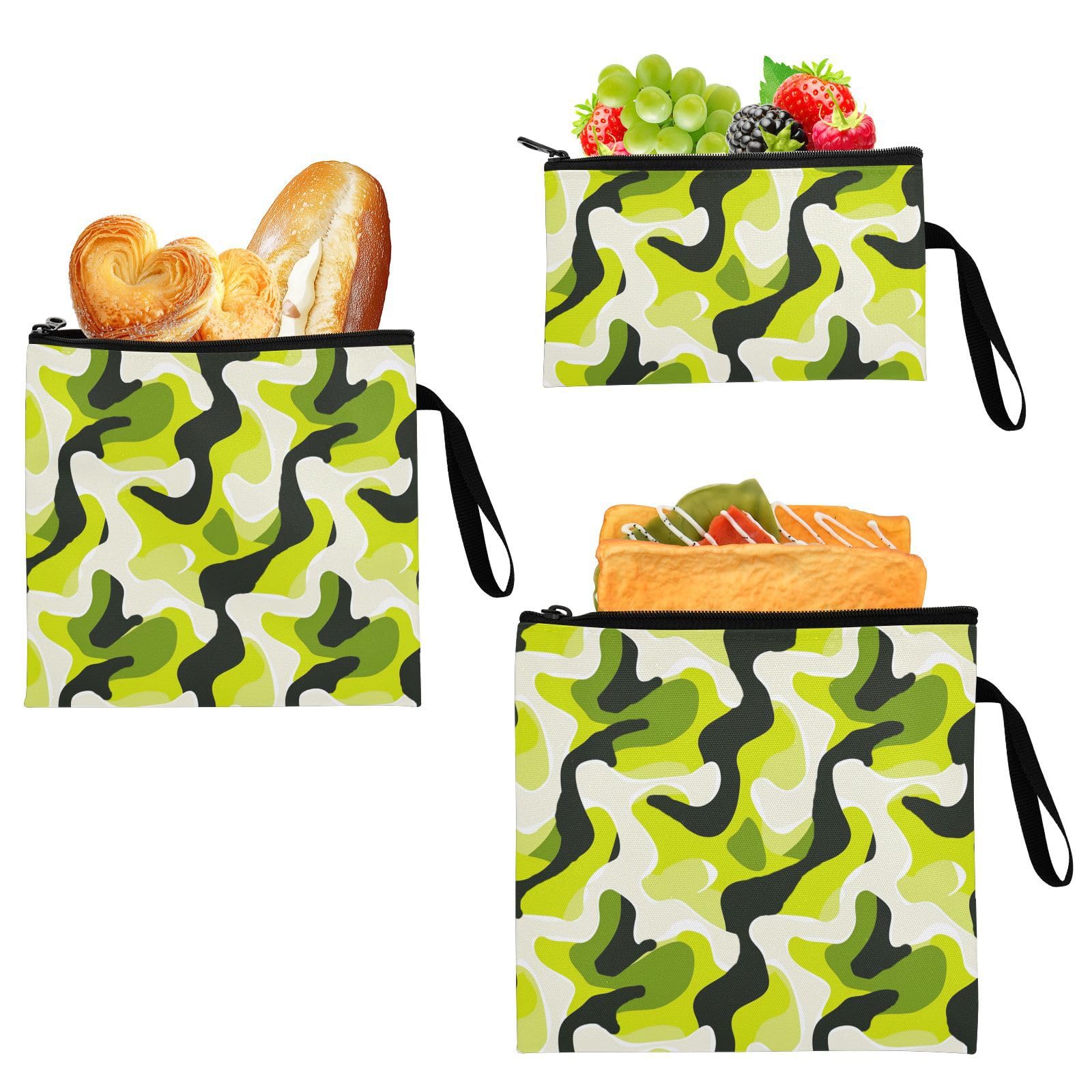 Yoogain Bold Lines Solid Color Lime White Black 3-Pack Reusable Snack Bags and Sandwich Bags Portable Diaper Bag Organization for Picnic Work Travel Office