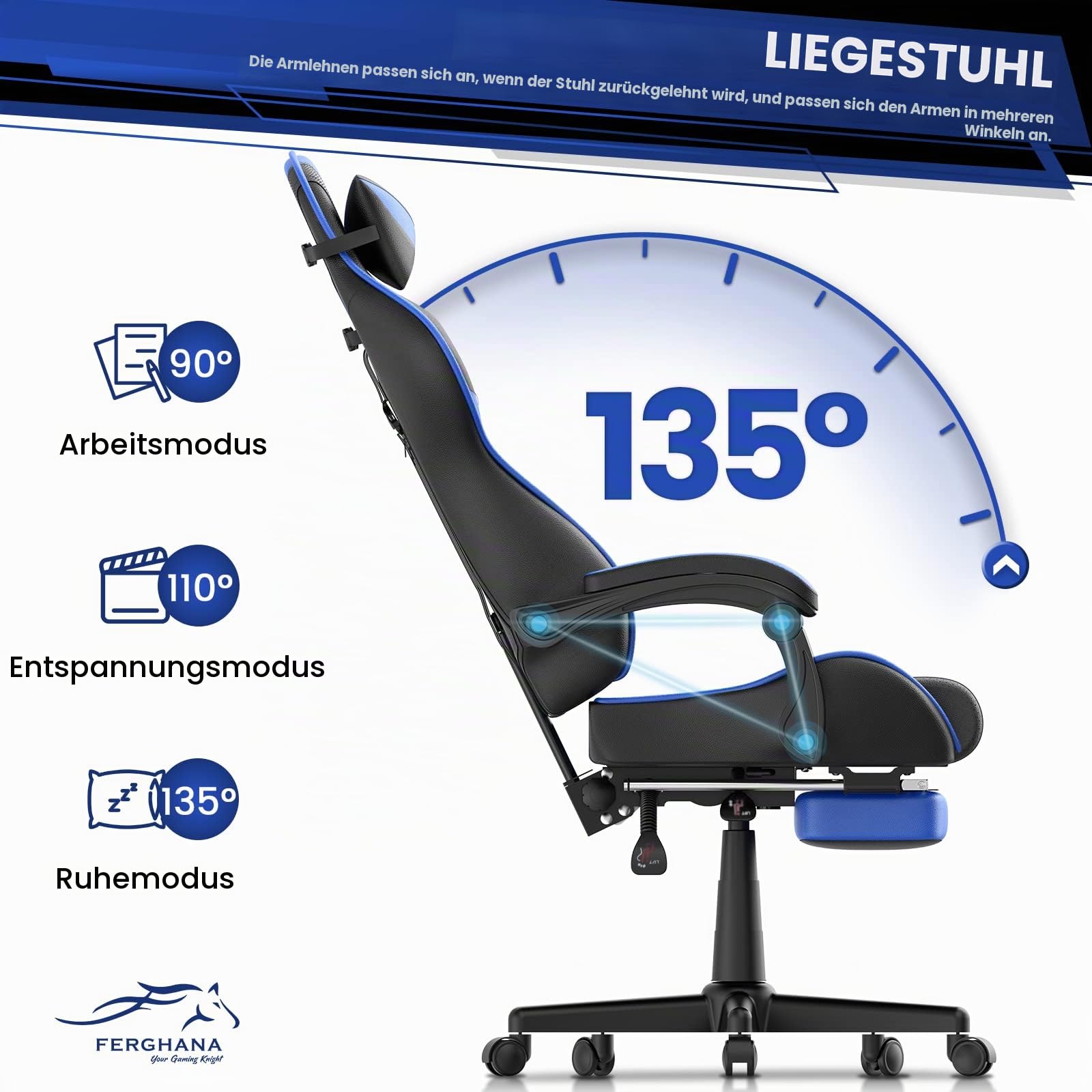 Ferghana Gaming Stuhl mit Fußstütze Ergonomischer Gaming Sessel Chair mit Kopfstütze Bürostuhl PC Stuhl Gamer Racing mit Lendenkissen Computerstuhl Leder Blau