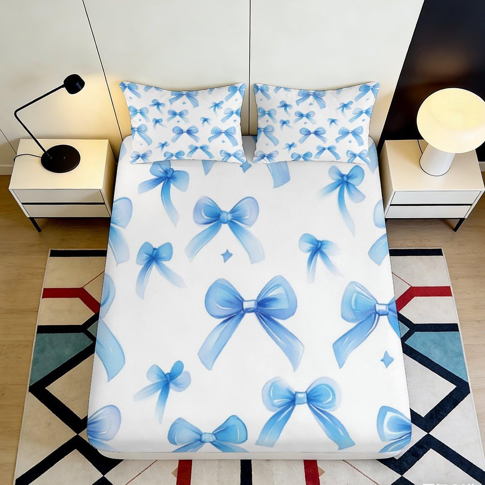 3D Printed Blue Ribbon Fitted Sheet Microfiber Soft Breathable Bow Pattern Mattress Cover for Bedroom Dormitory Guest Room Mattress Protection Decor 200x200x25cm