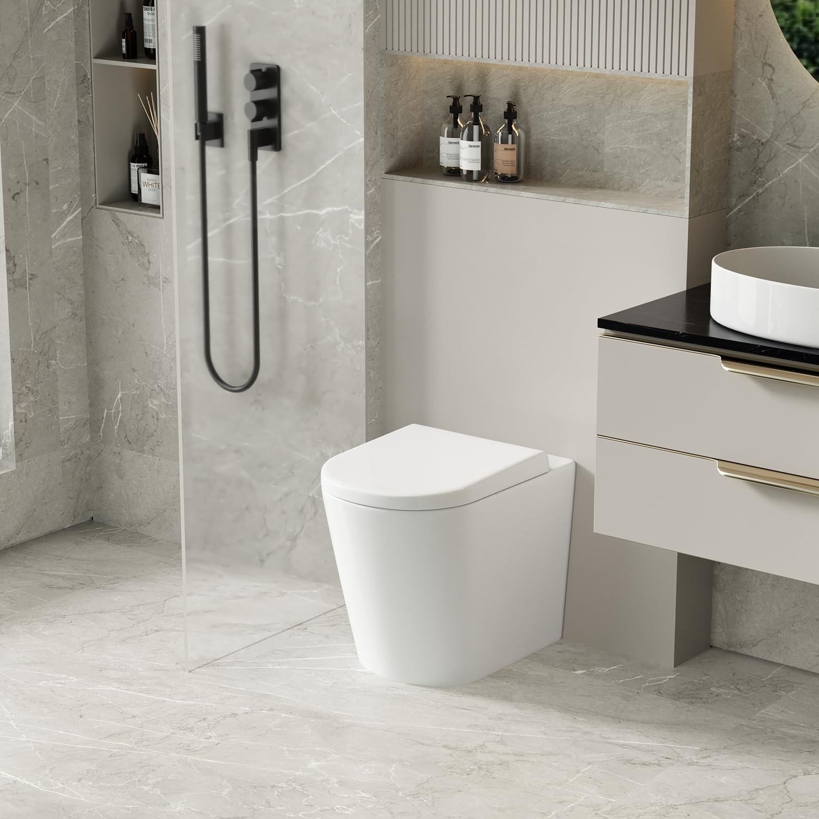 Robanmoa Modern Back to Wall Toilet Concealed Cistern Bathroom Toilets White Ceramic BTW Short Projection WC Pan Quick Release Soft Close Seat Hidden Tank Round Compact Toilet