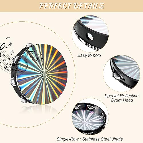 Miniatura 3 de Pandereta radiante, 3 piezas de panderetas para adultos de 6810 pulgadas, pandereta de madera de una sola fila, instrumento musical reflectante,
