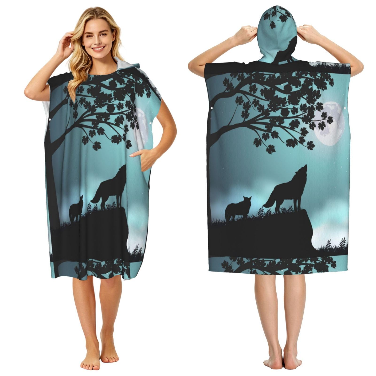 Poadnly Wolf, Adult Hooded Beach Towel 90 x 110 cm,Changing Bath Robe, Surf Poncho Towel For Women Men
