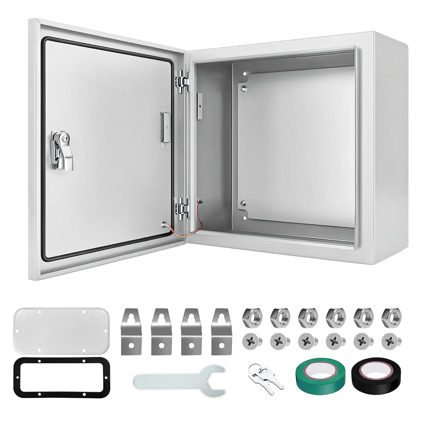 12" x 8" x 6" Compact Steel Electrical Enclosure, Outdoor Wall Mount Weatherproof Box with Lockable Lid, DIN Rail & Mounting Plate