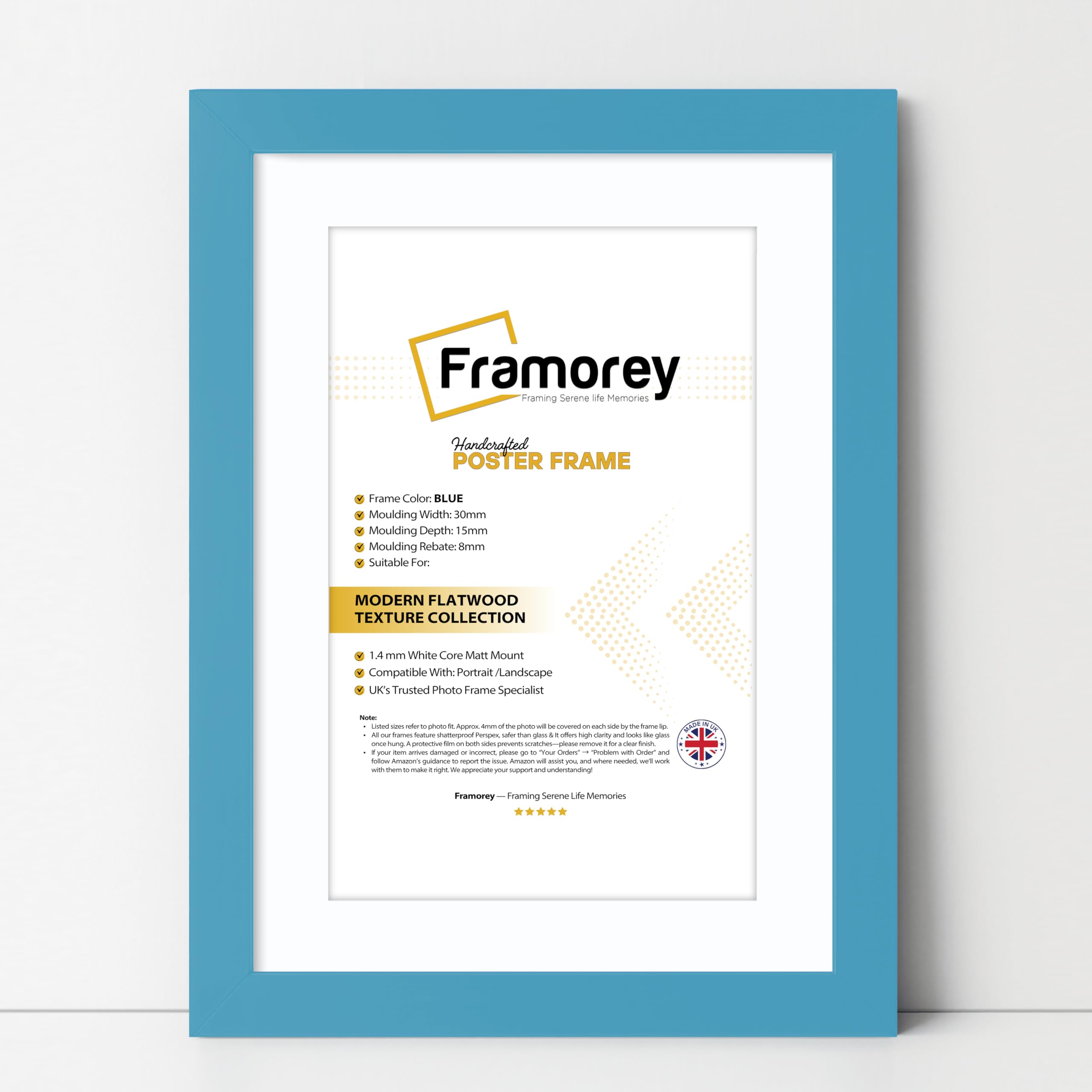 Framorey Framing Serene Life Memories Blue With White Mount Framorey Oxford Flat Wooden Effect Picture Frame, Blue 21X16 Size Photo Frame With 17X12 White Mount, Handmade Wall Art Poster Frame, Best Living Room Photo Frames