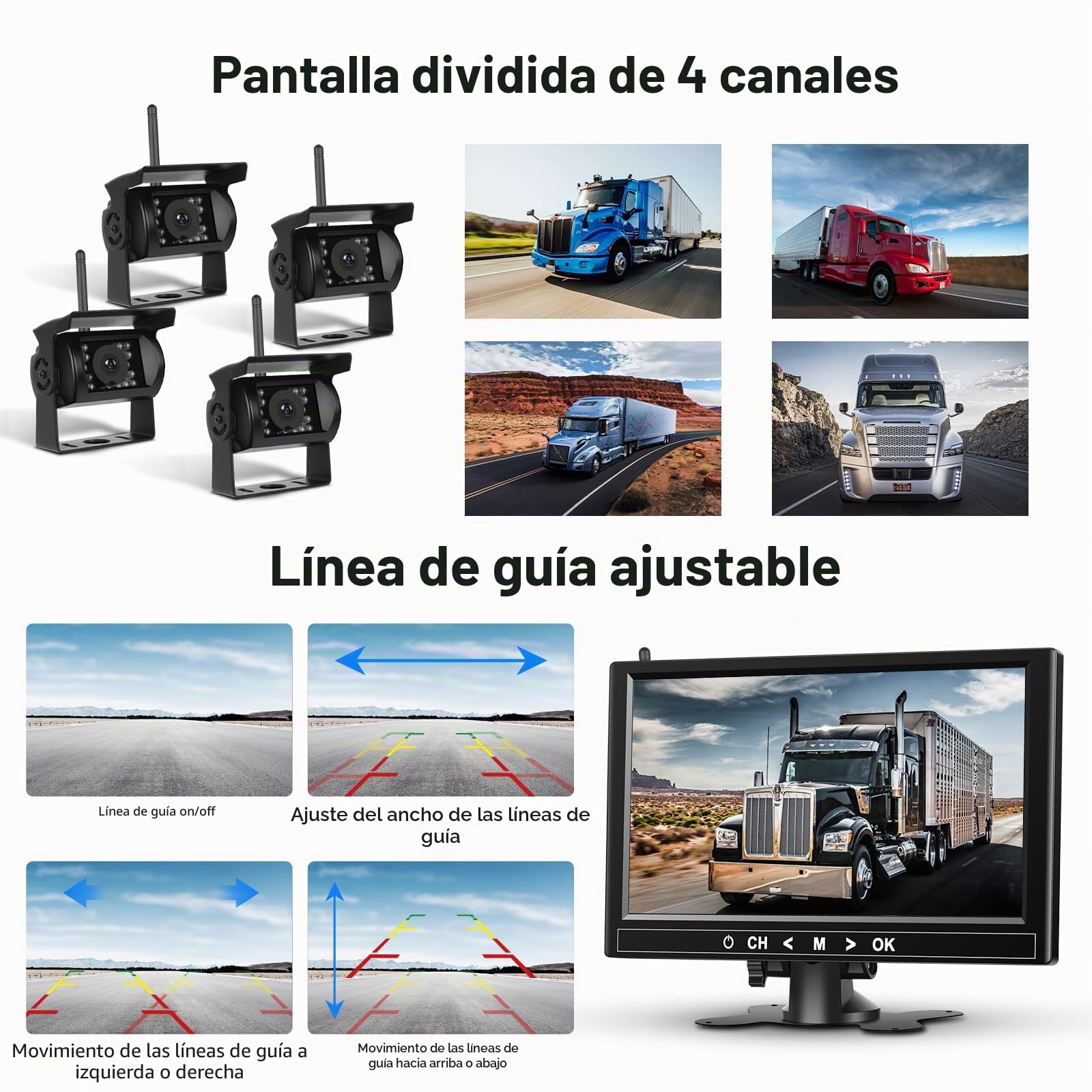Kit de 4 cámaras traseras inalámbricas HD 1080P, Monitor LCD Podofo de 9 Pulgadas con 4 cámaras de Respaldo para Remolque, Autocaravana, camión, autobús, detección de Punto Ciego y líneas guía