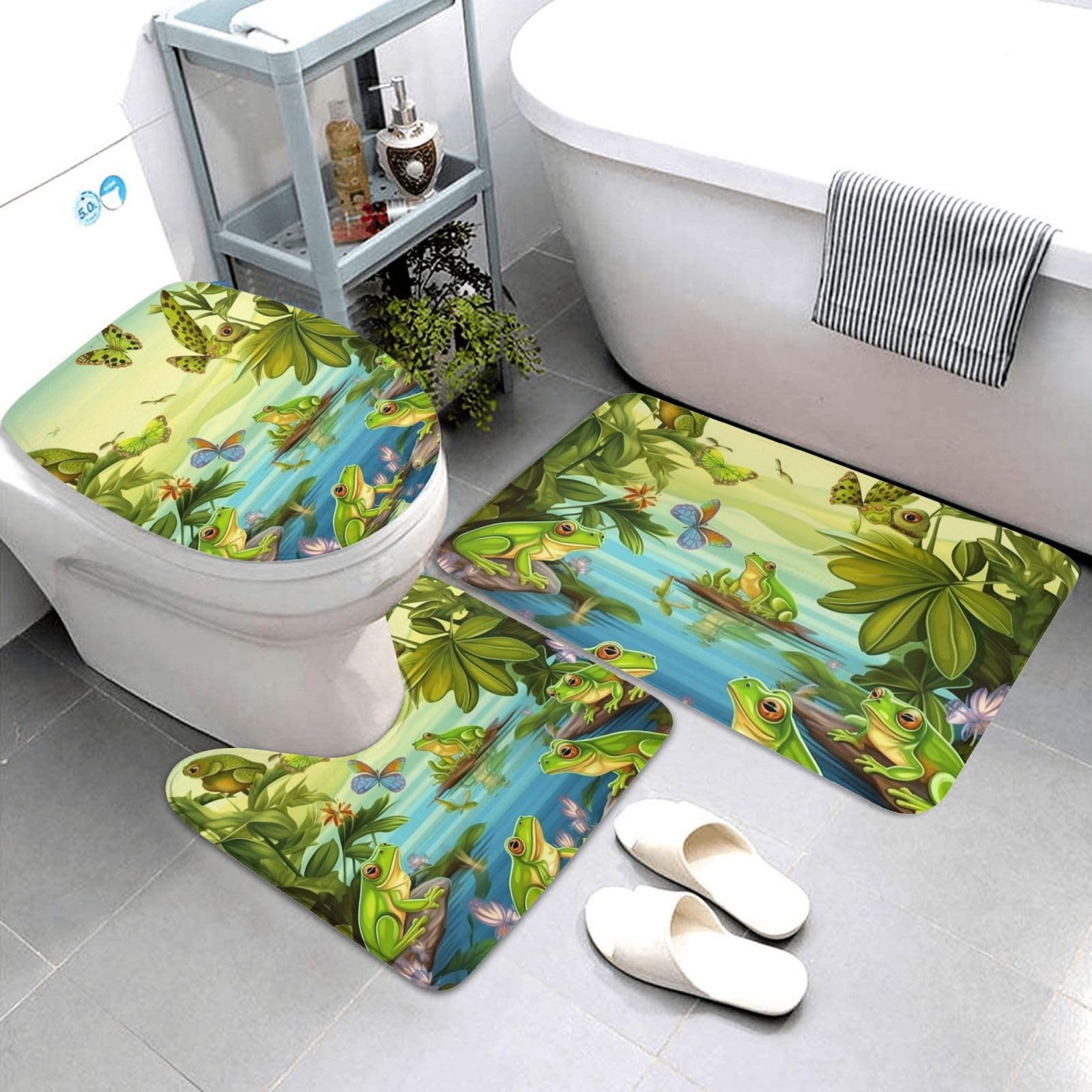 Dwrepo Many Frogs Sing on The Branches Summer Butterflies Lake Water Print Bathroom Rug Set 3 Piece with Non-Slip U-Shaped Contour Mat and Toilet Lid Cover for Bathroom Decoration