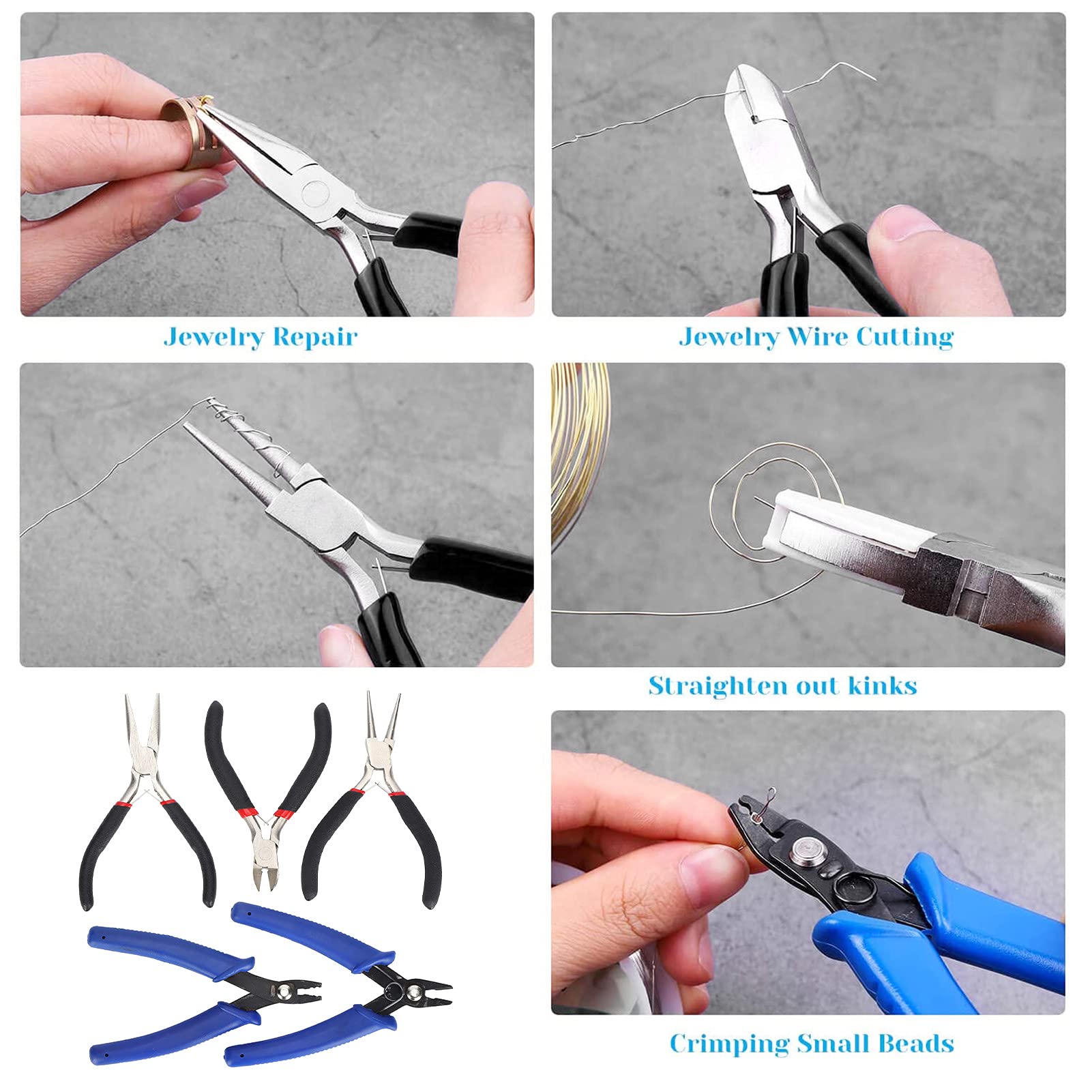 Set di pinze per gioielli, set di 5 pinze professionali per gioielli con borsa degli attrezzi, ideali per la creazione di gioielli, riparazioni e artigianato fai da te, include ago in tessuto naso,