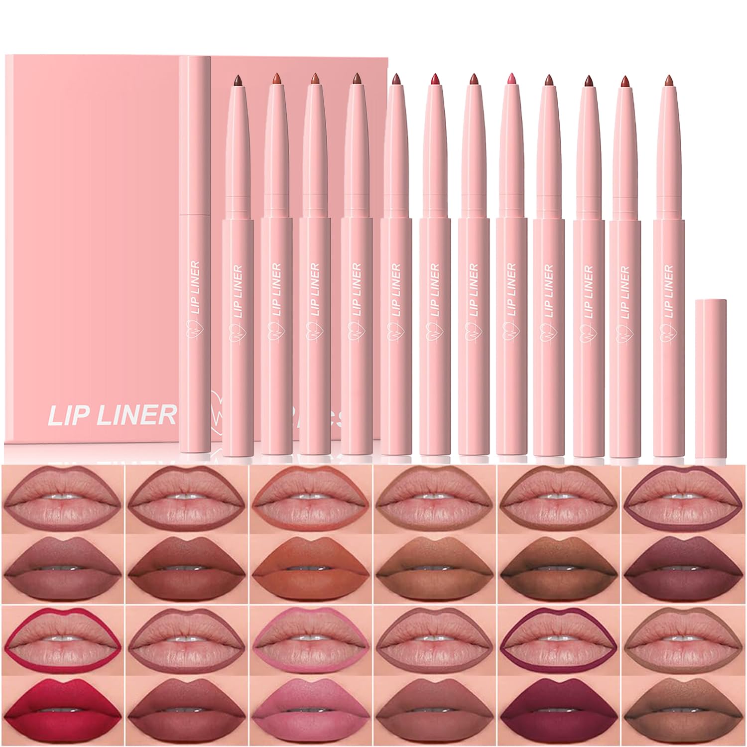Baorder 12 Colors Matte Lip Liner Pencil Set,Creamy Velvet Lipstick,Long Lasting Waterproof Smooth High Pigmented,One-Step Lip Makeup Kit for Women Pink 1 Ounce (Pack of 12)