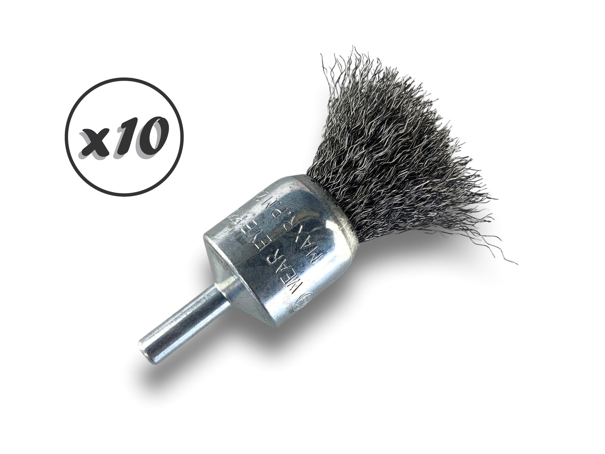 Metalowa szczotka obrotowa z końcówką Ø 22 mm | Zestaw 10 sztuk | Kształt pędzla na pręcie Ø 6 mm | Nici stalowe Ø 0,20 mm miękkie | Do wiertarki lub wkrętarki z uchwytem | Kibros 20AV22x10