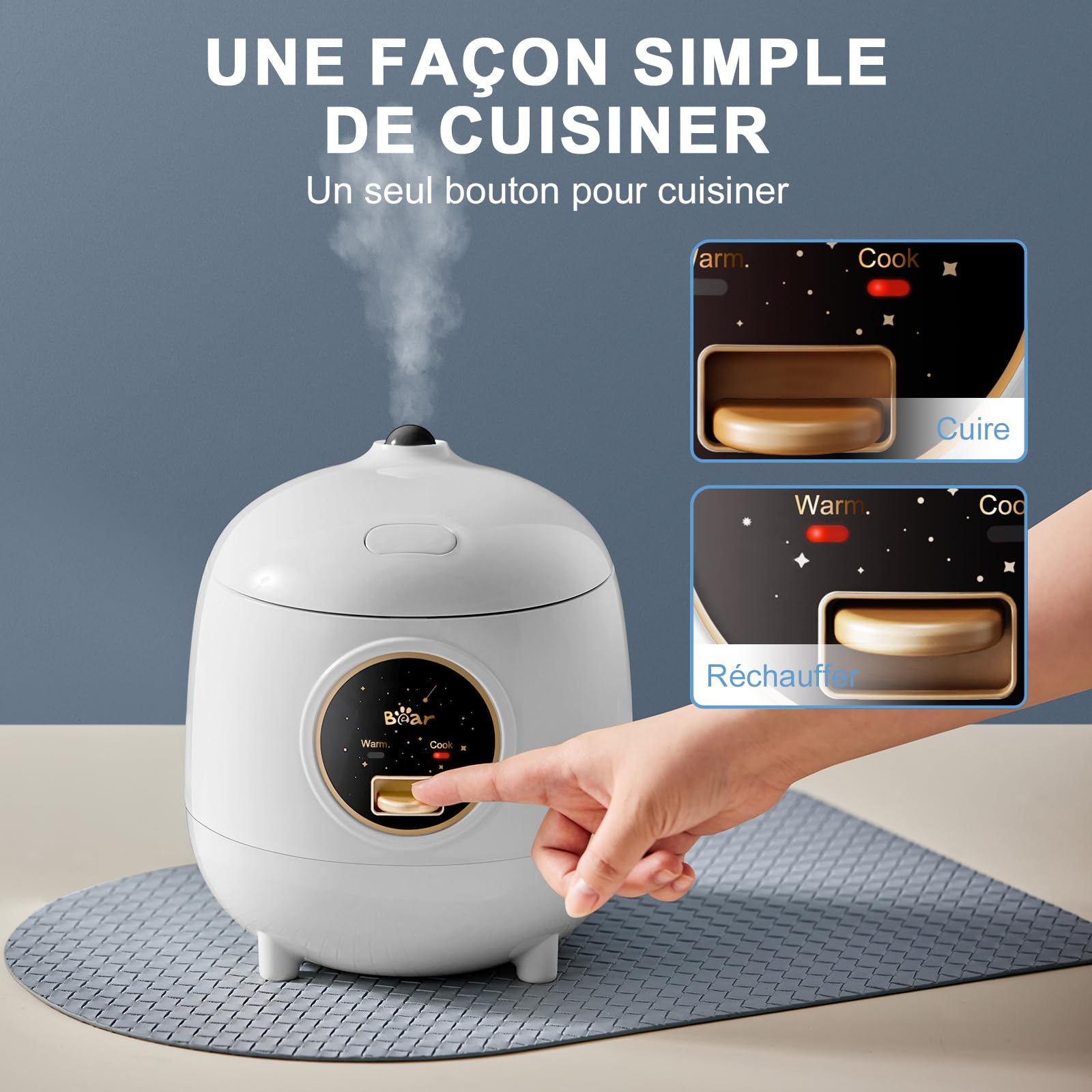 Bear Cuiseur à riz 2 tasses non cuit, 1.2L, blanc, avec revêtement antiadhésif, sans BPA, mini cuiseur à riz portable, un bouton pour cuire et maintenir au chaud