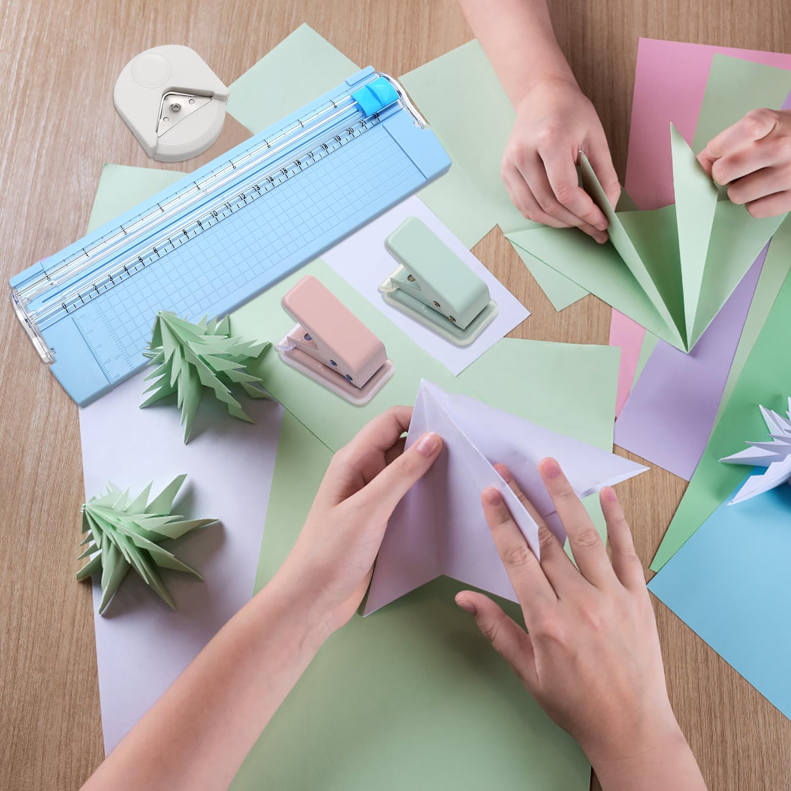3 Piezas Cortadores de Papel para Manualidades, Guillotina de Papel Pequeña A4 con Hoja de Repuesto, Redondeador de Esquinas y Perforadora 1 Agujero de 3mm para Papels, Foto, Tarjeta