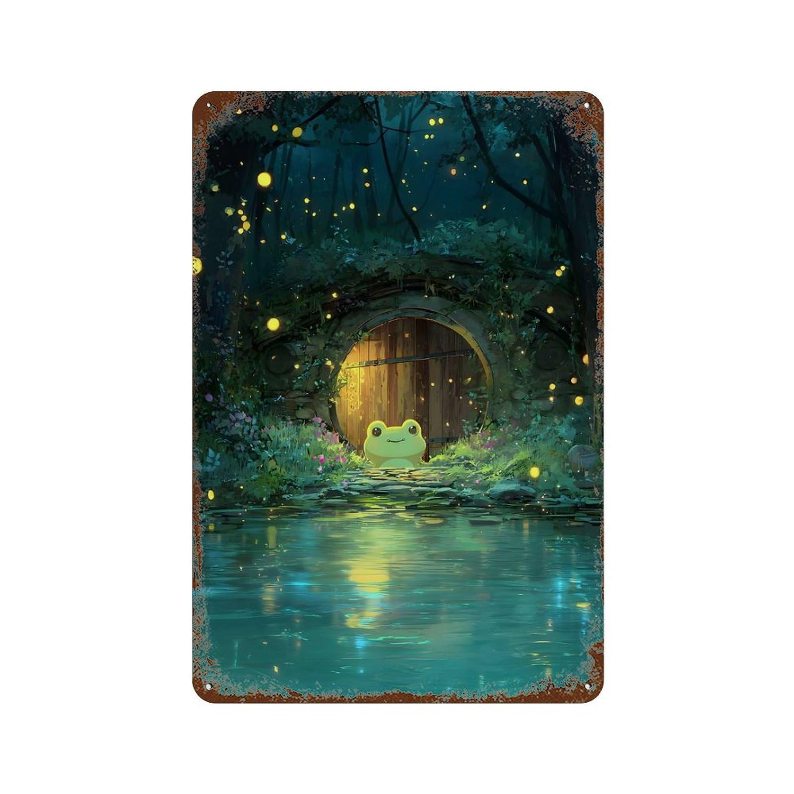 Frog by House Door in Forest Aged Metal Wall Plaque 11.8"x7.9", for Garage, Bar And Workshop Decor, Farmhouse Wall Decor