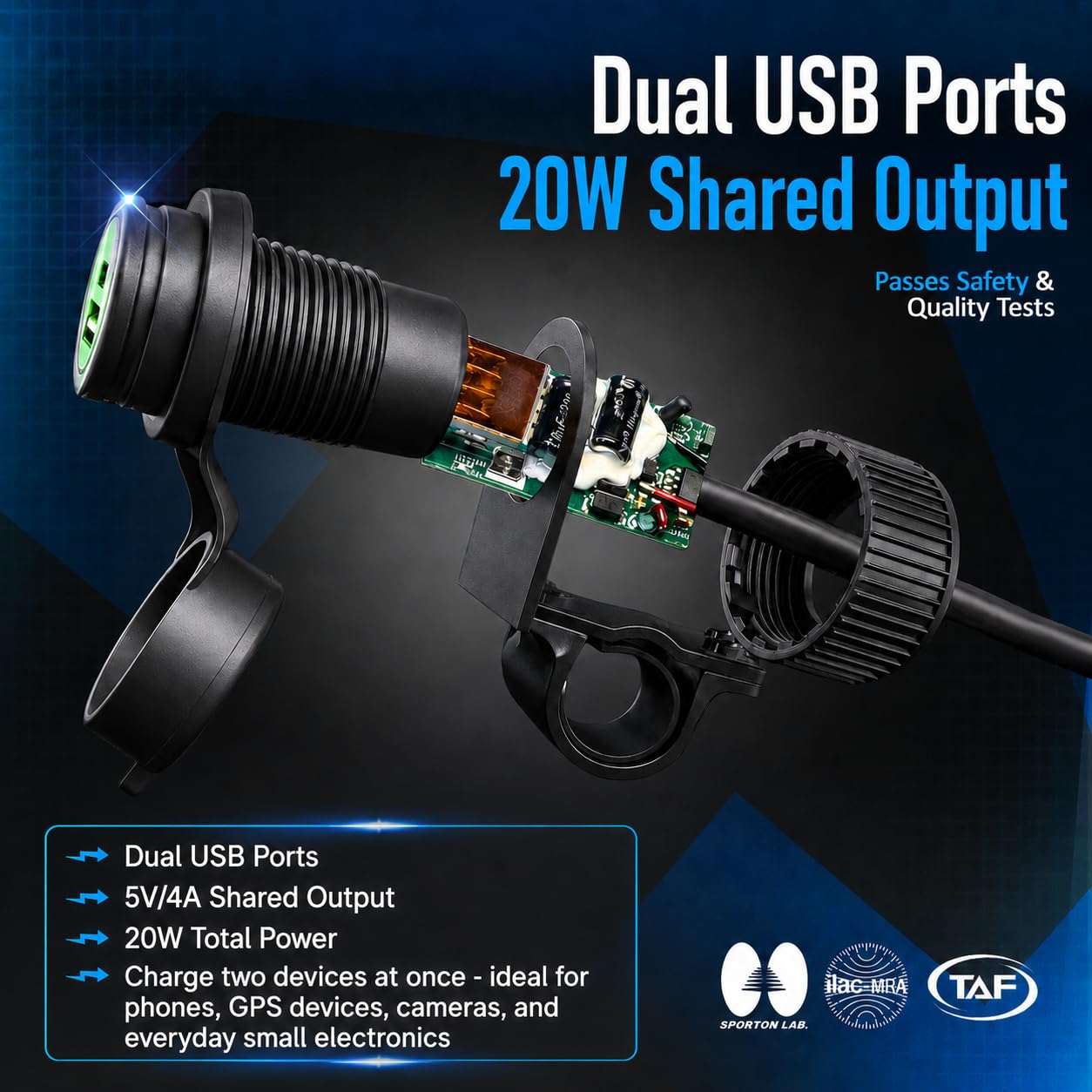 Cliff Top Chargeur USB 4 A 20 W pour Moto, avec Interrupteur d'alimentation magnétique, résistant, étanche pour Guidon de 7/8", 1" sur ATV/UTV - Empêche la décharge de la Batterie