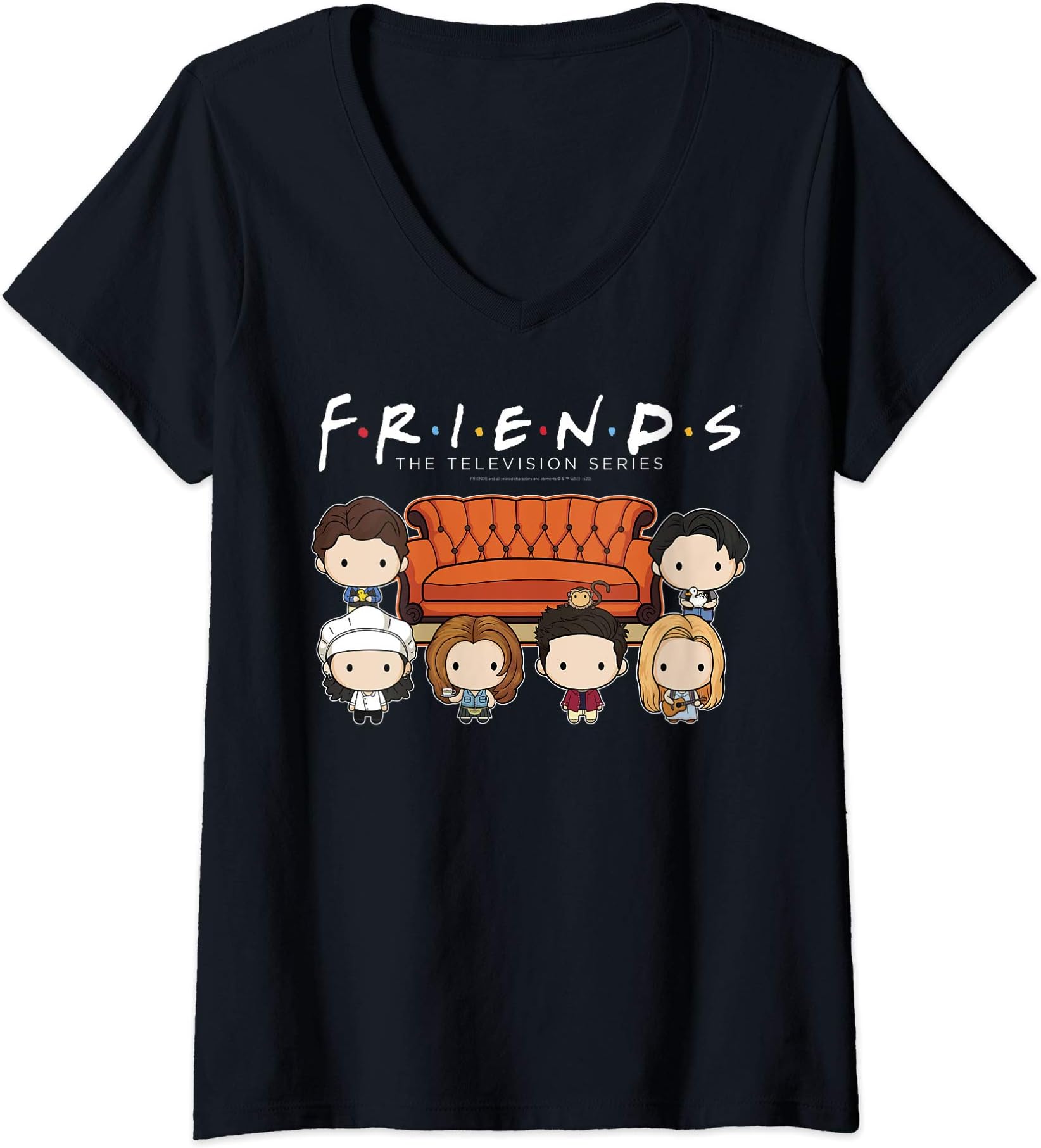 Womens Friends Chibi Characters Central Perk Coffee Shop Group Shot V-Neck T-Shirt