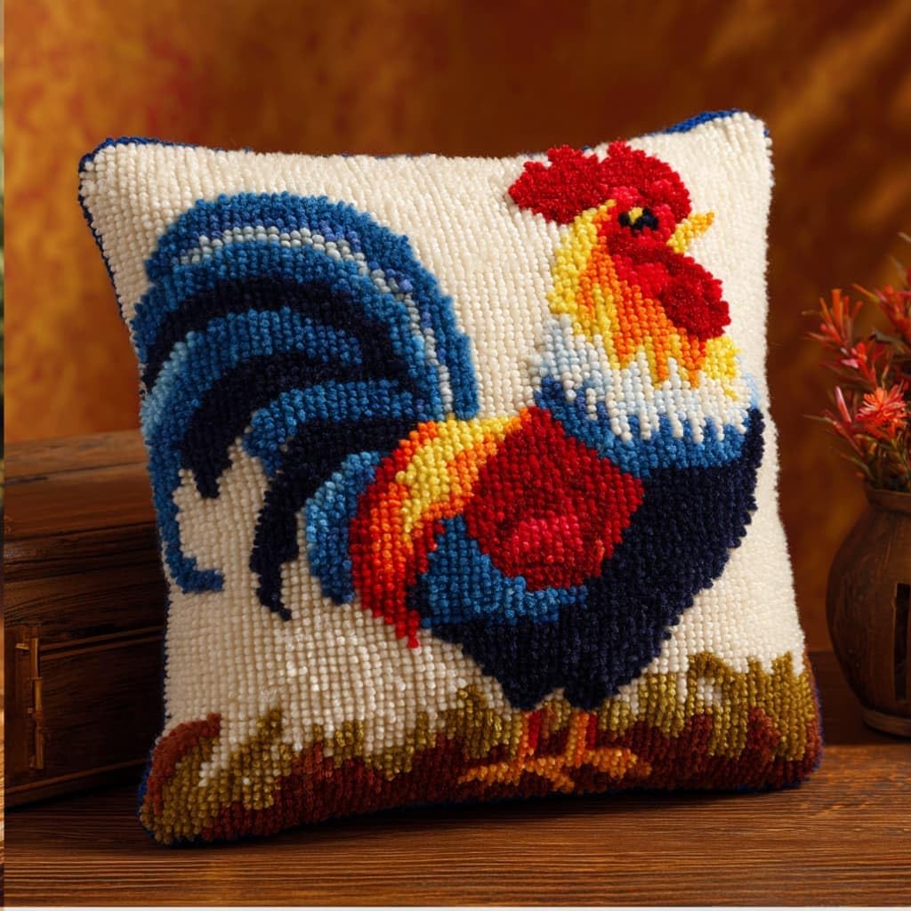 WallustrioaW Latch Hook Kit Cushion Rooster 43Cmx43Cm Latch Hook Kit DIY Pillow Materials Package Hooks Knitted Embroidered Carpet Pillow Embroidery