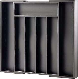 MASS DYNAMIC Cutlery Drawer Organizer, Expandable Bamboo Cutlery Tray for Kitchen Utensils, Adjustable Cutlery and Cutlery Holder, 7 Slot Storage for Spoons Forks Knives (Black)