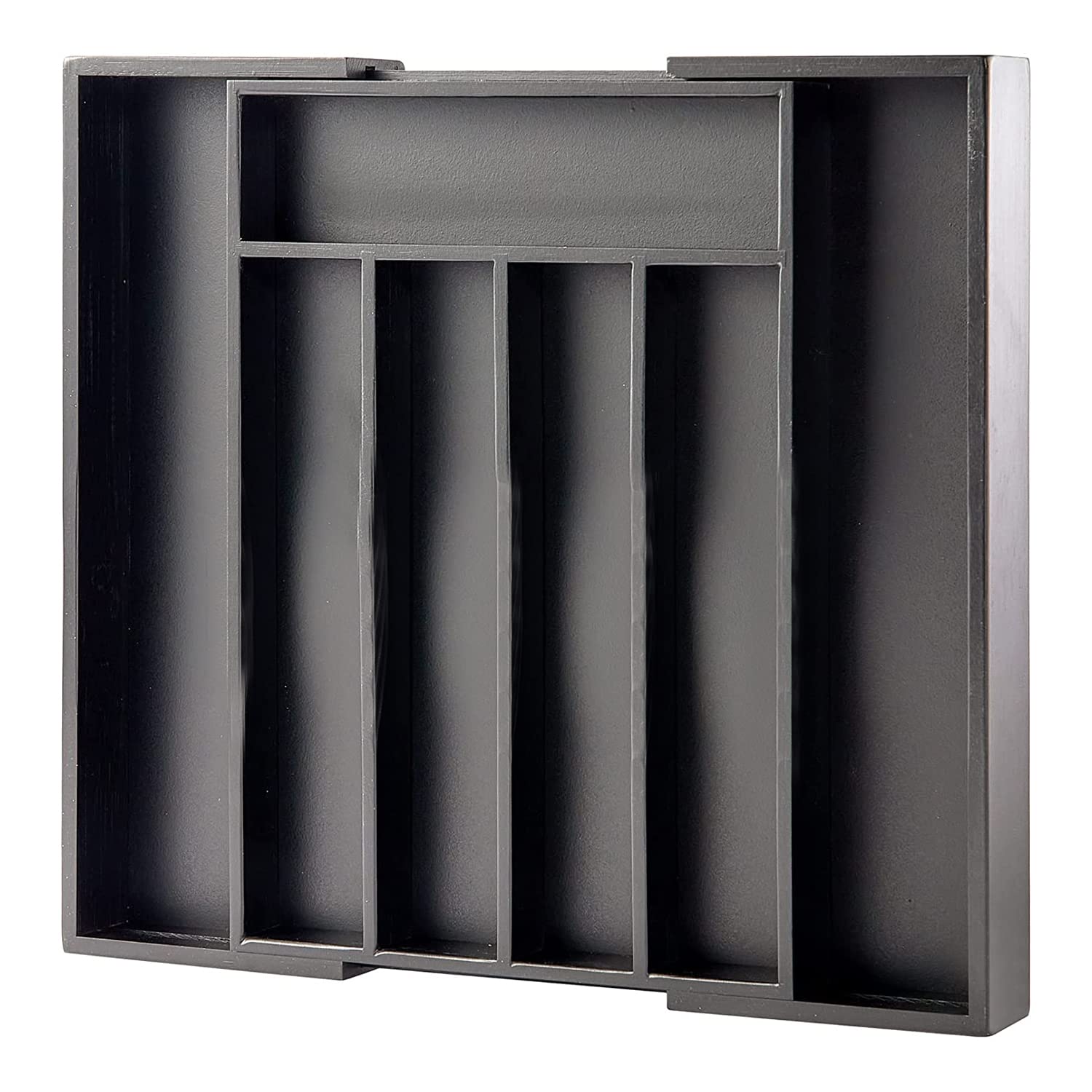 MASS DYNAMIC Cutlery Drawer Organiser, Expandable Bamboo Cutlery Tray for Kitchen Utensil, Adjustable Silverware and Flatware Holder, 7 Slots Storage for Spoons Forks Knives (Black)