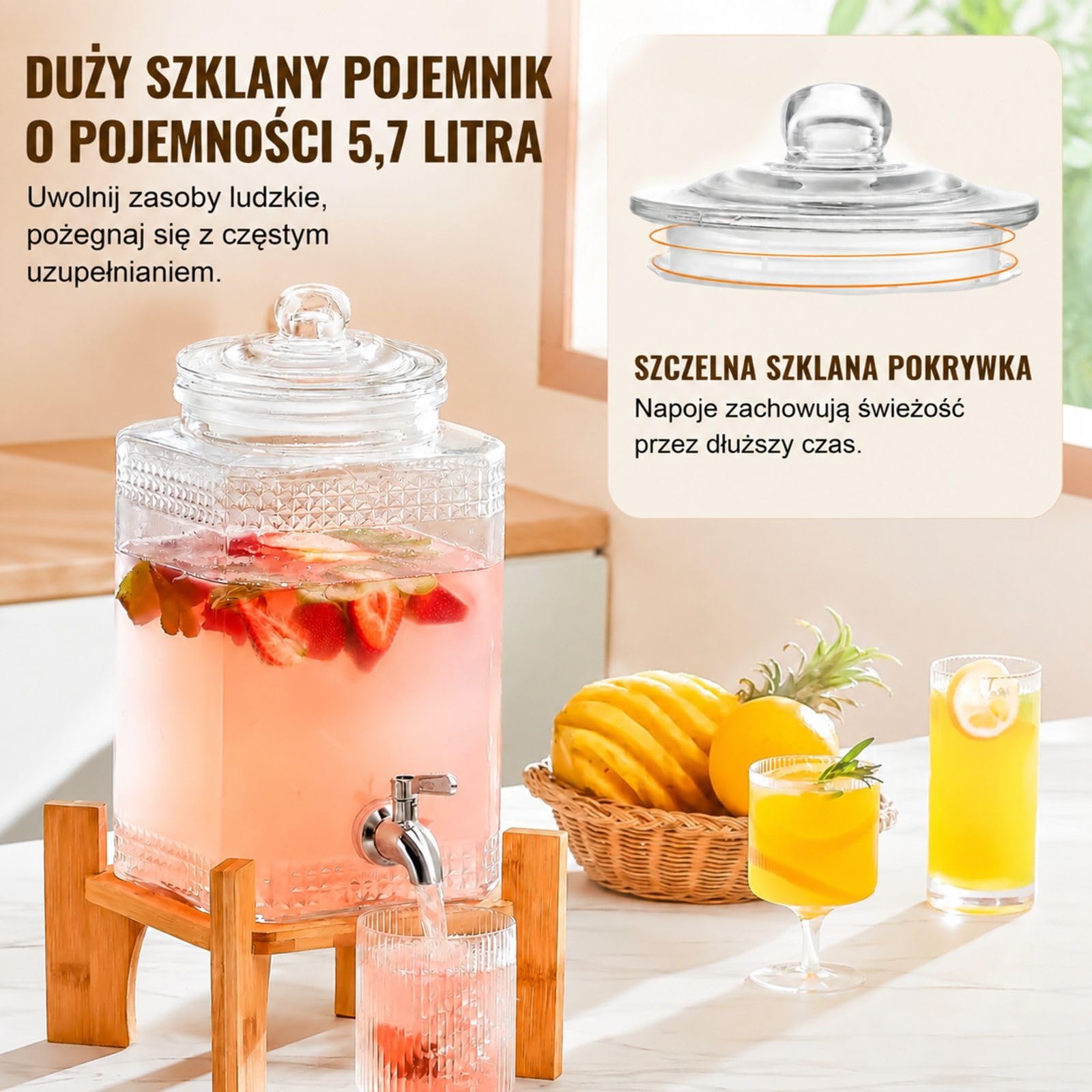 Szklany dozownik napojów, pojemnik na sok 1,5 galona ze stojakiem i kranikiem ze stali nierdzewnej na przyjęcia restauracje hotele