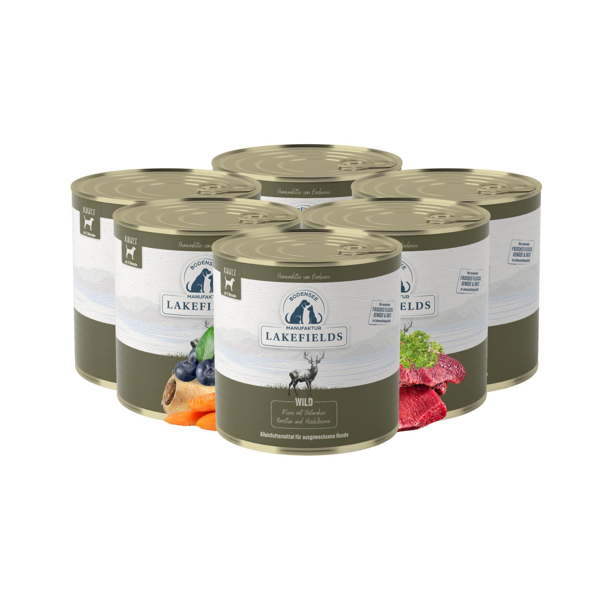 Lakefields Premium Hundefutter Nass | Wild 59% | 6 x 800g | Getreidefreies Nassfutter für Hunde | Natürliche Zutaten in Lebensmittelqualität | Karotten, Kartoffeln & Heidelbeeren | Schonend gegart