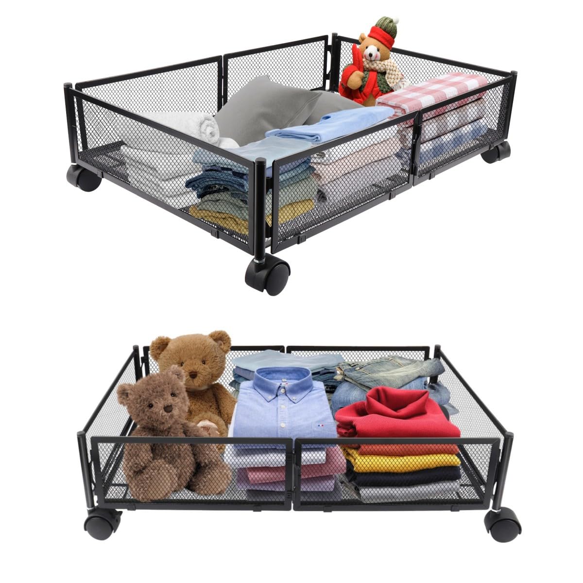 ONDIAN Onder bed opbergzakken onder bed opslag met wielen metalen onder bed opslag lade containers voor kleding, dekens (kleur: zwart, maat: 60 x 40 x 15,5 cm