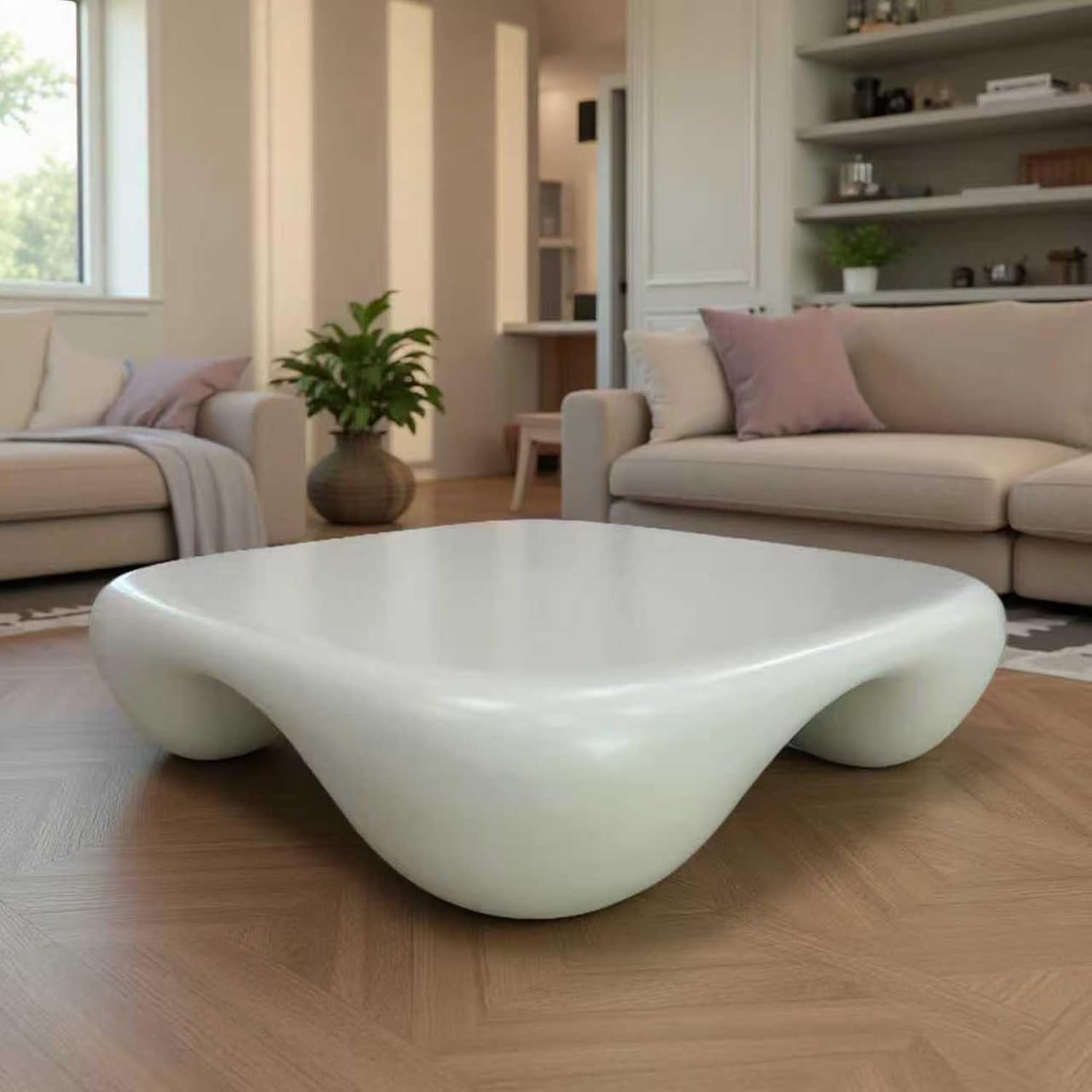 39.37" Modern Square Coffee Table, Faux Travertine Textured Center Cocktail Table, Big Tea Table for Livingroom/Office, No Need Assembly(White)