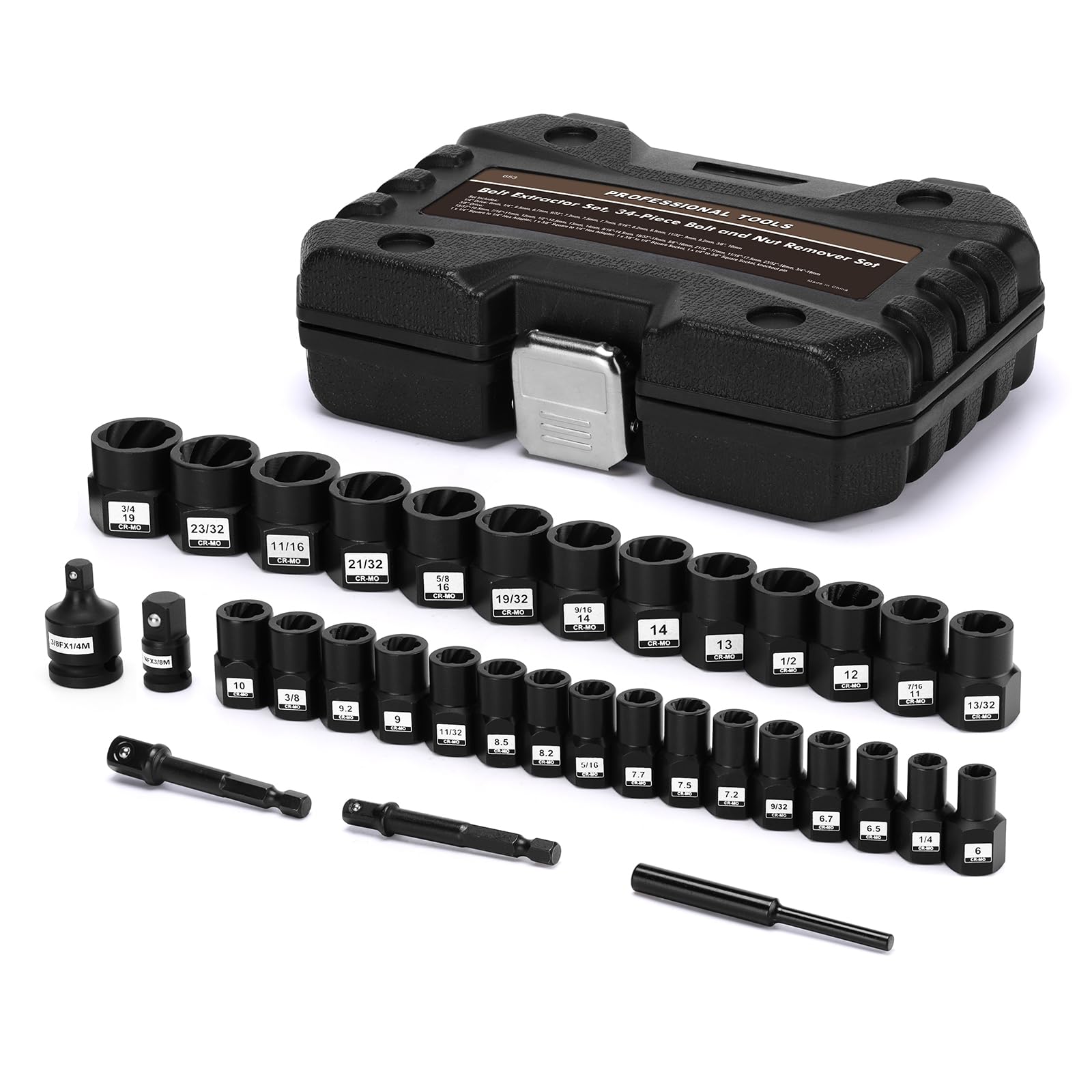 Mayouko Set di 34 pezzi per rimuovere bulloni e dadi da 1/4" e 3/8", con adattatori, set di estrattori per bulloni in acciaio CR-MO per rimuovere bulloni, dadi e viti arrugginiti danneggiati
