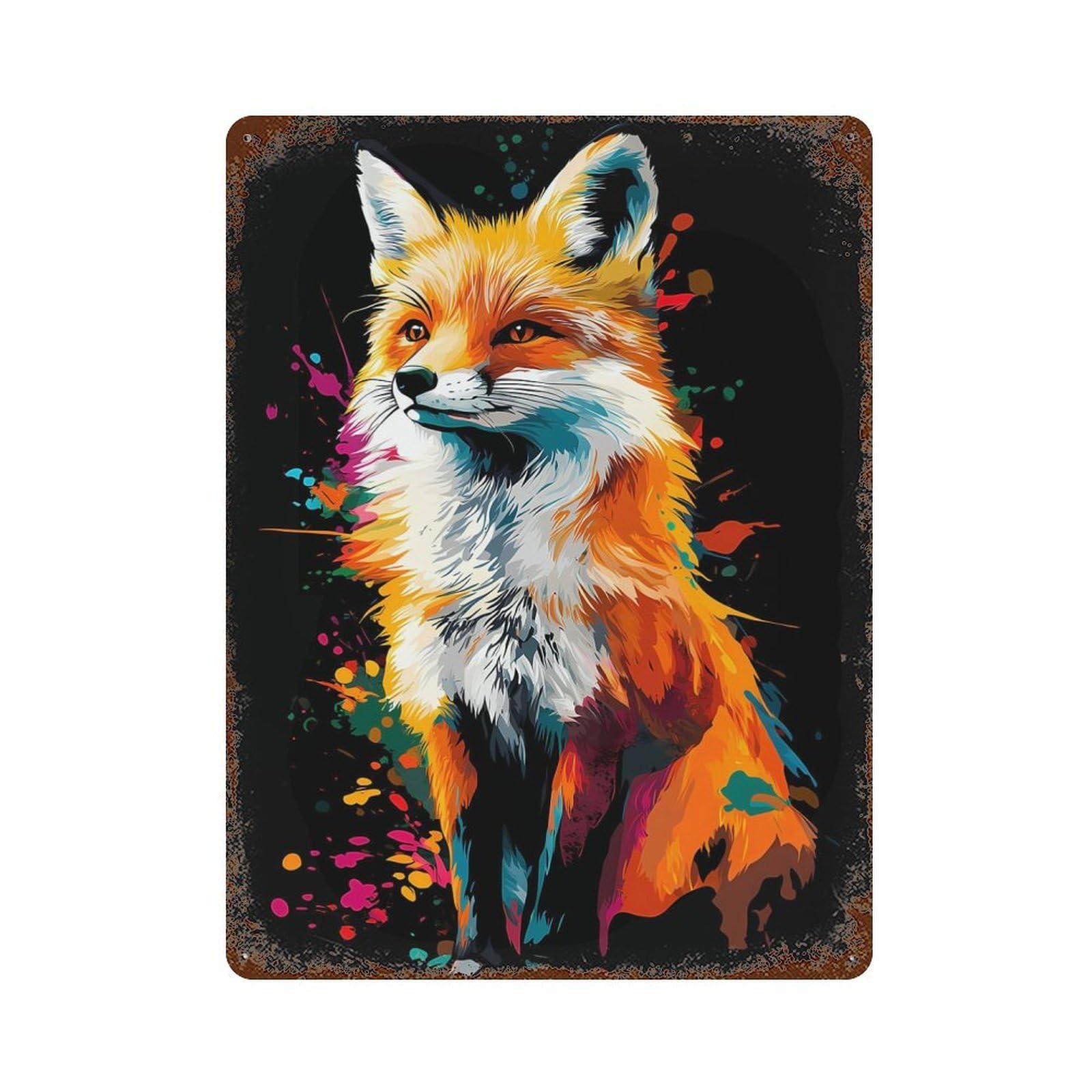 Vintage Rust Metal Sign with Colorful Fox Portrait on Black Background Design 15.7"x11.8", for Garage, Bar And Workshop Decor, Retro Wall Decor