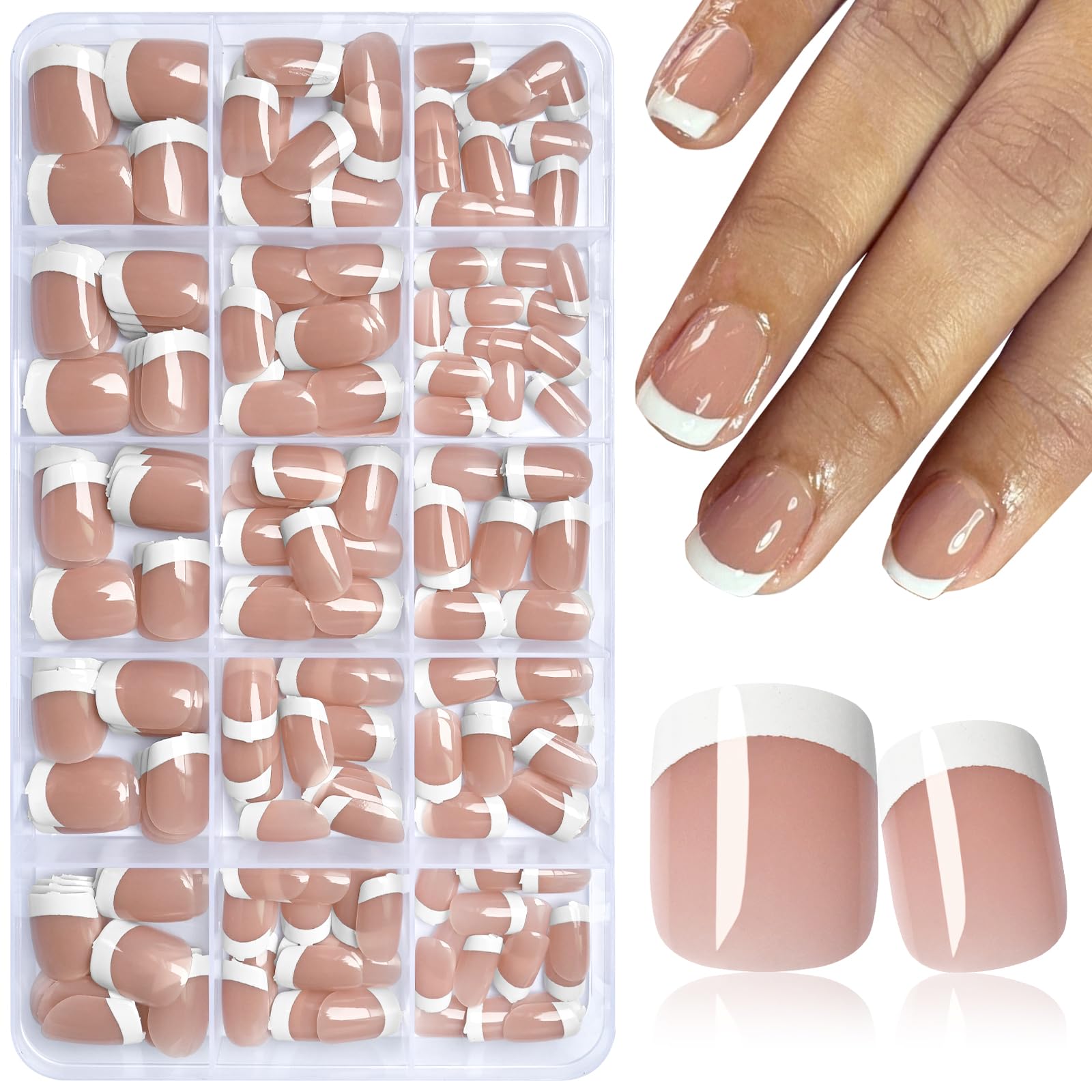 AddFavor White French Tip Press on Nails Short - 240pcs Brown Extra Short Square Fake Nails, Square Nails Press on Acrylic Nail Extension Nails Art