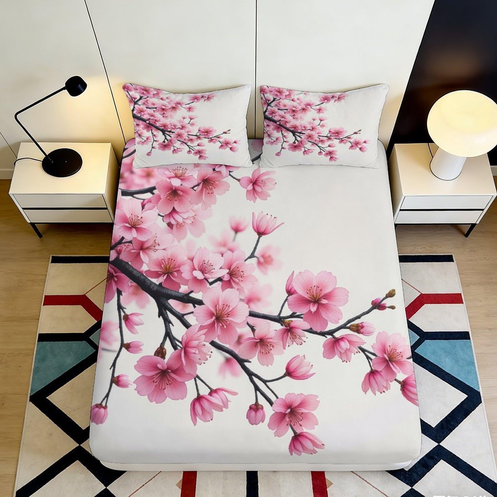 3D Printed Pink Cherry Blossom Fitted Sheet Microfiber Soft Breathable Floral Branch Bed Sheet for Bedroom Dormitory Guest Room Mattress Cover Protection 120x200x25cm