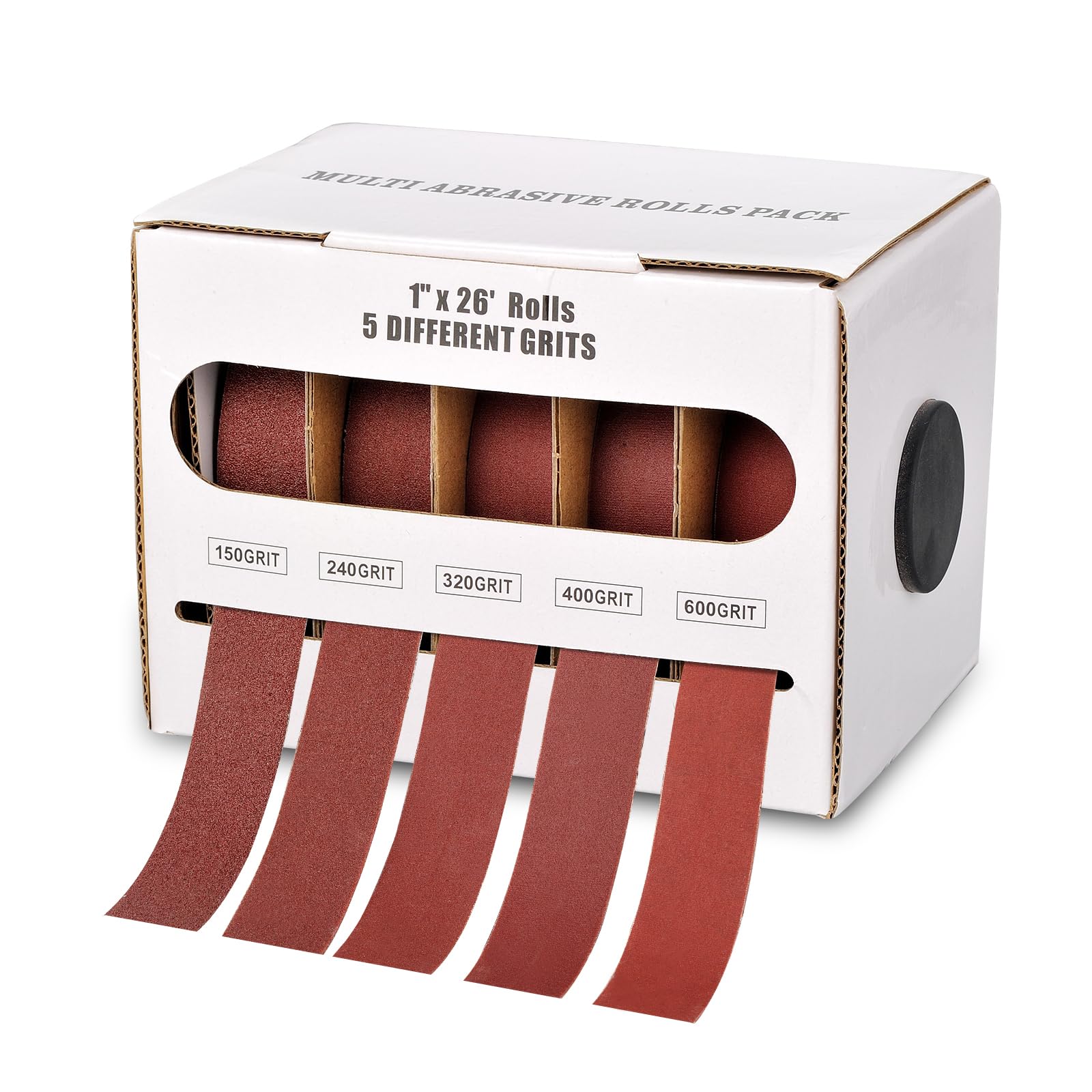 Mipepe Emery Cloth Roll, 1" x 26FT Sandpaper Roll Assortment 150 240 320 400 600 Grit, Aluminum Oxide Abrasive Roll with Dispenser Box for Wood