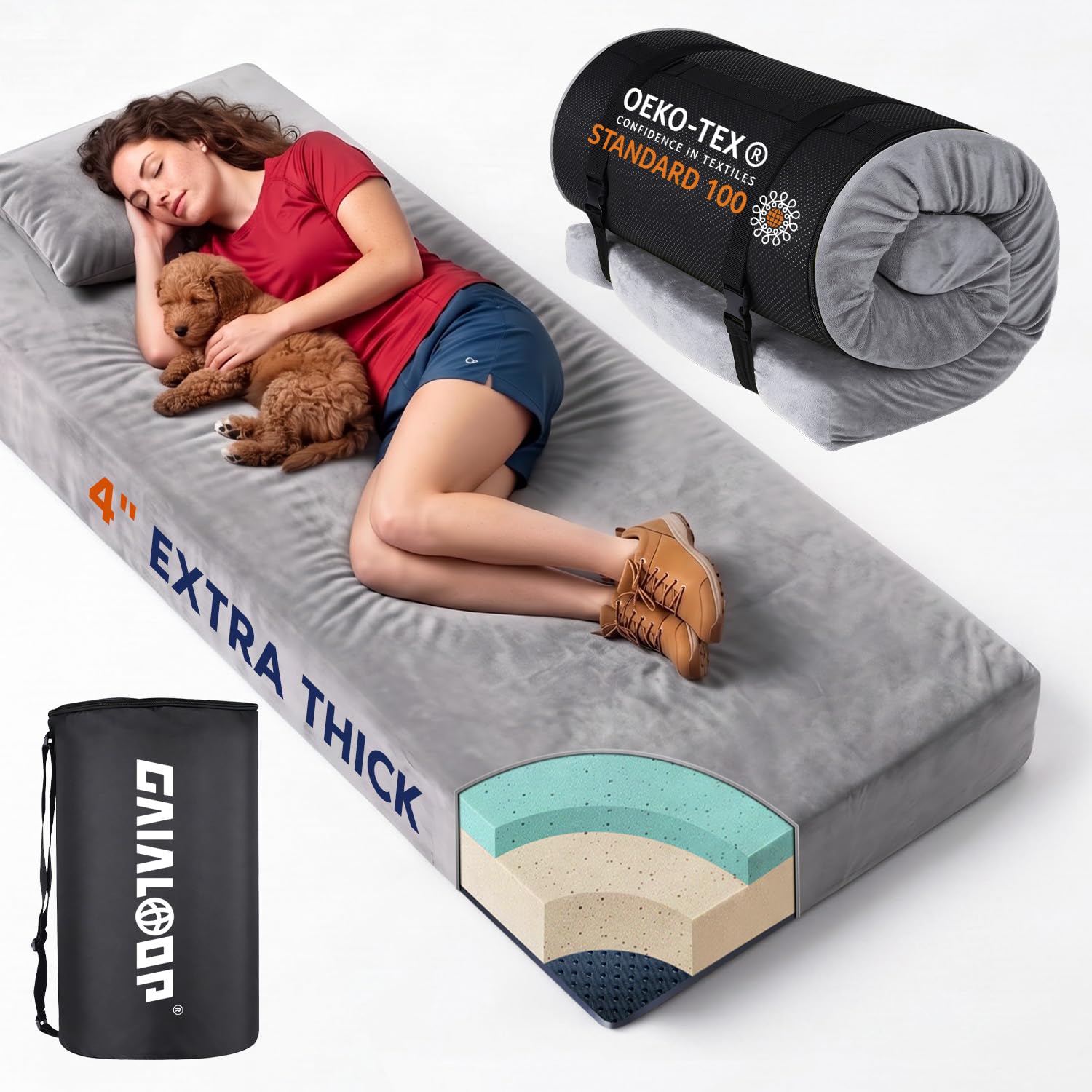 Memory Foam Camping Mattress, Extra Thick 4 Inch Dual Layer Sleeping Pad
