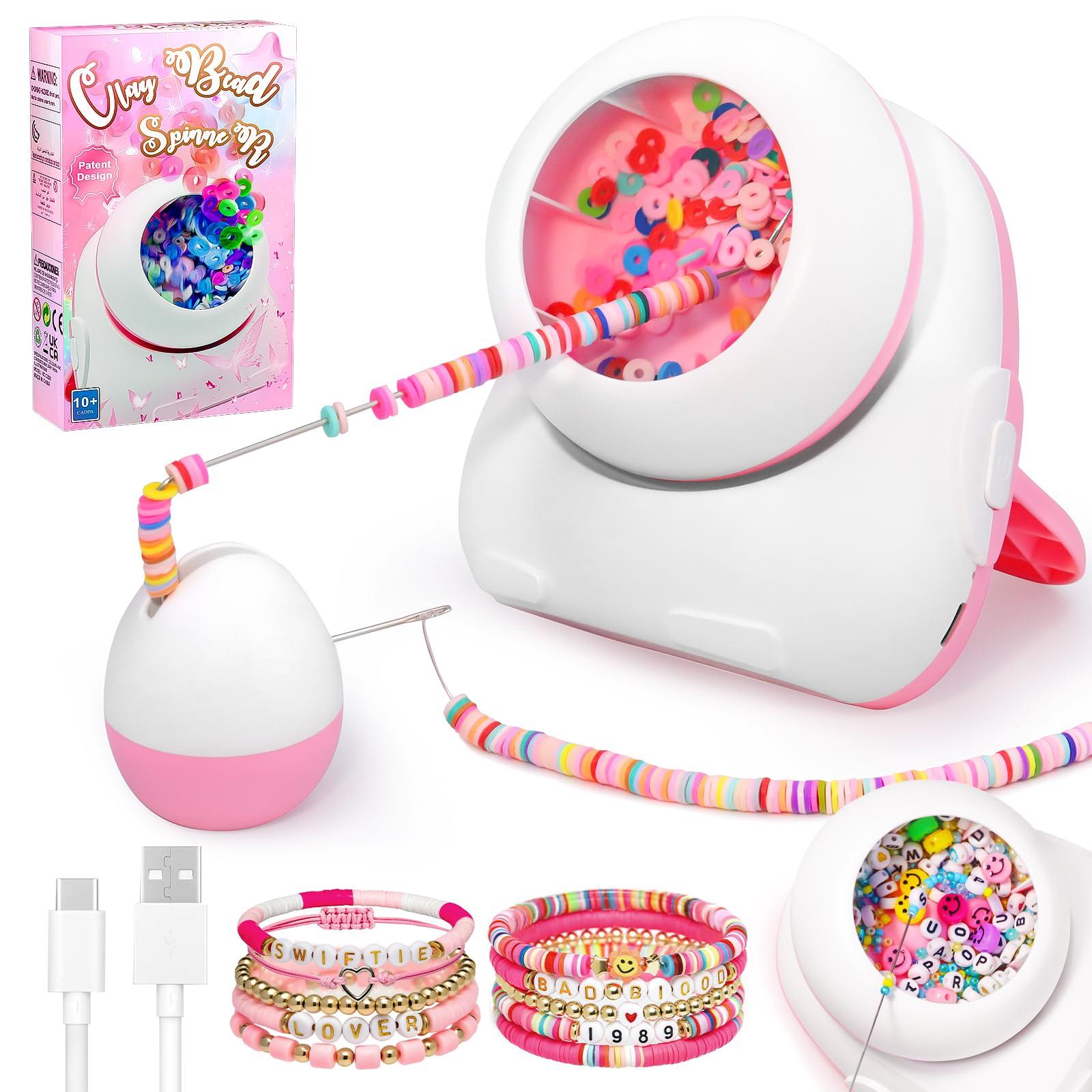 Clay Bead Spinner - 2-in-1 Cool Bracelet Maker Machine, Adjustable Speeds & Dual Modes, USB Charging Electric Kit with 200 Beads & Needles for Kids Craft, Pink