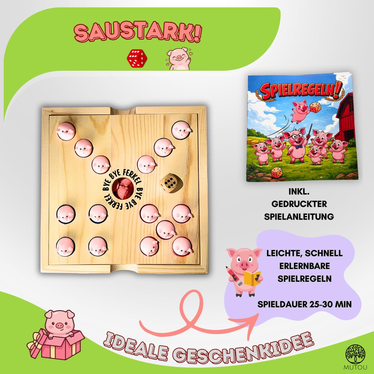 Mutou Débarrassez-vous du porcin. Le jeu de dés sauvage Pig Hole en bois | 60 cochons | Jeu de fête et jeu familial pour 2 à 6 joueurs | Jeu de société Big Hole