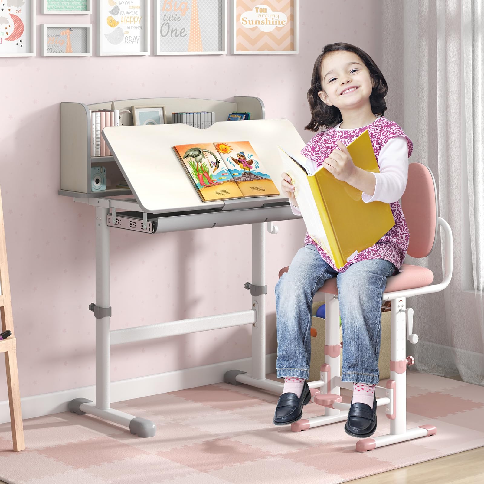 GOPLUS Bureau Enfant Fille Garcon, Table d'Étude Réglable en Hauteur avec Rangement, Plateau Inclinable à 7 Niveaux, Tiroir, Support à Livre, Bureau pour 3-12 Ans pour Maison École (Gris)