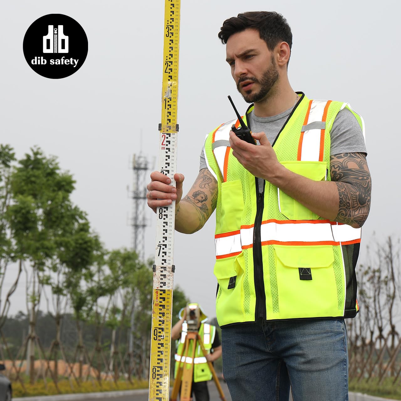 Dib Safety Chaleco reflectante con bolsillos de malla, cremallera con cinta adhesiva 3M.