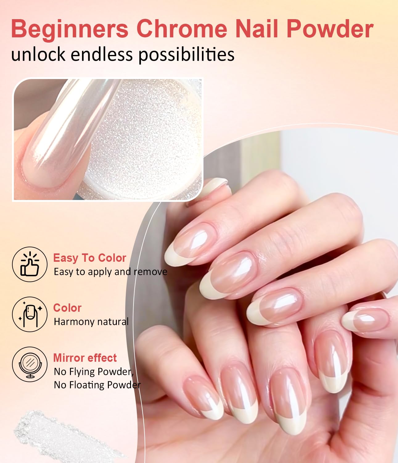 BISHENGYF Chrome Nail Powder - Magic Mirror Orange & White Pearl Chrome Nail Powder - Metallic, Shimmery Finish - Nail Art Decoration - Image 4
