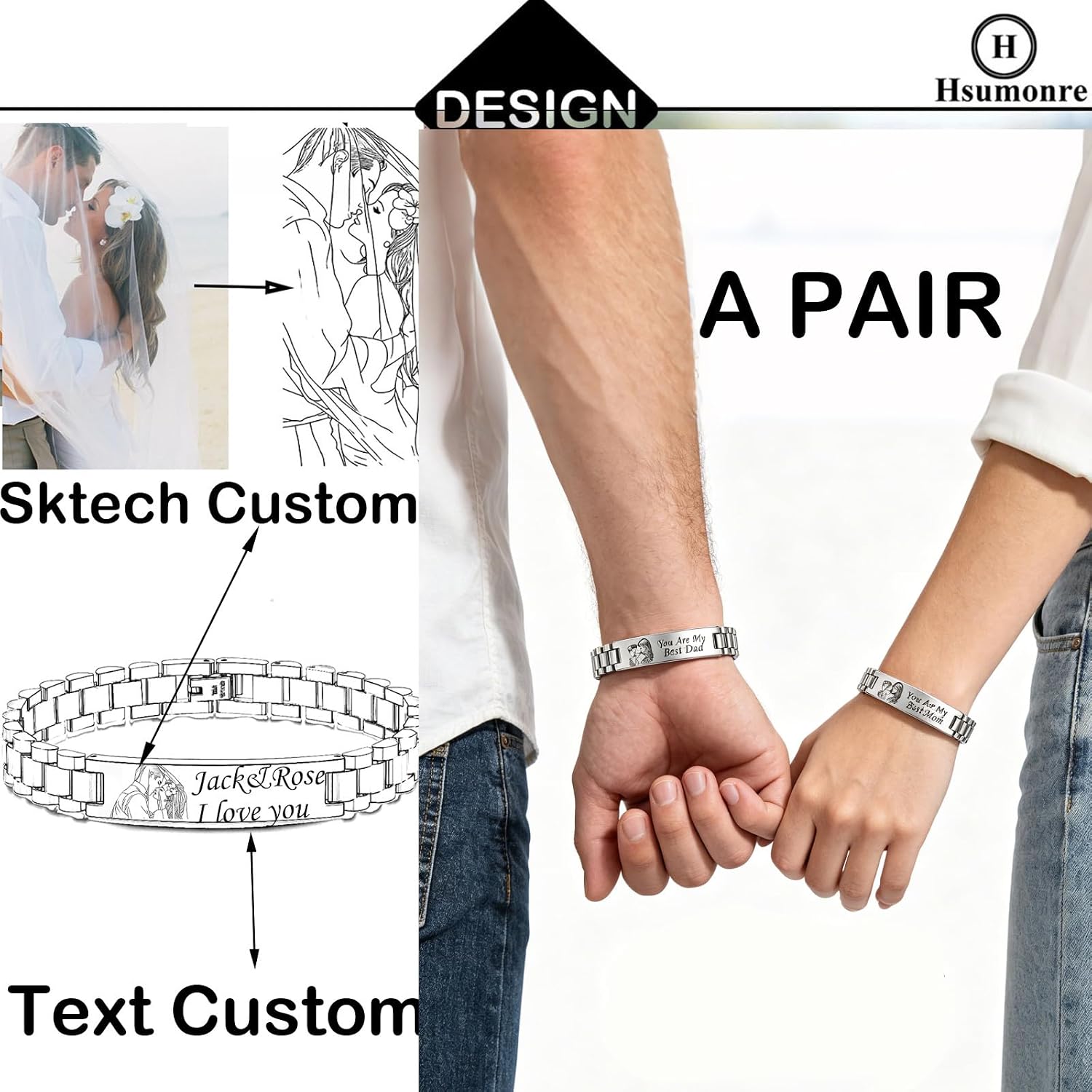 Custom Picture Bracelet Personalized Photo Couple Bracelets for Him&Her-Sketch Text Engravable ID Link Chain Cubic Zirconia Wristband Customize for Men Women BF and GF Strap Style