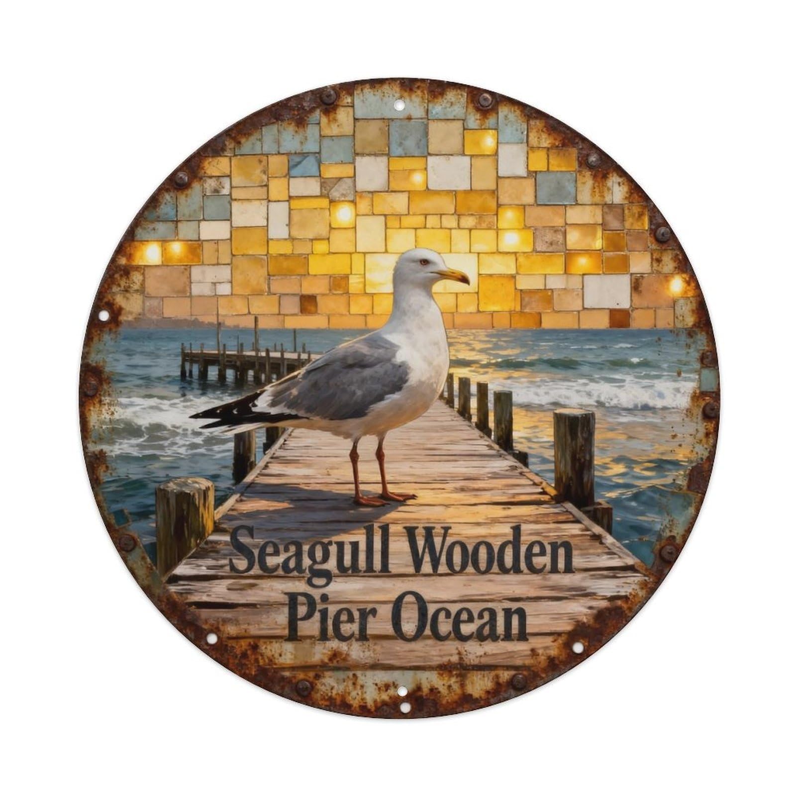 Seagull Wooden Pier Ocean Metal Tin Sign Plaque