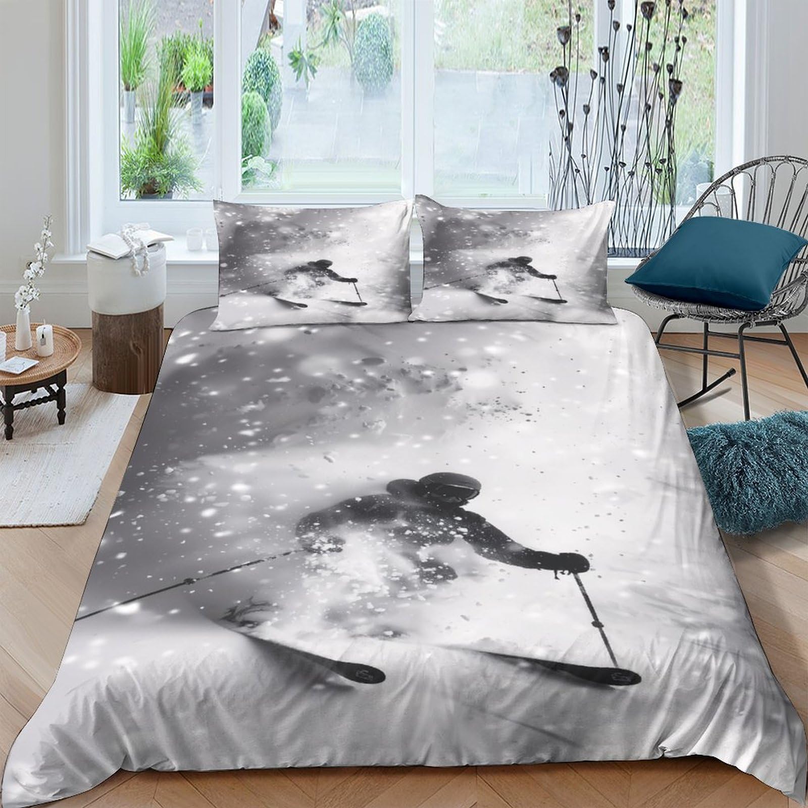 Ctjqhvkz Style-4 3D Printed Skiing Black White Fitted Sheet Microfiber Soft Bed Cover For Bedroom Guest Room Decor Protection Single（135X200cm）