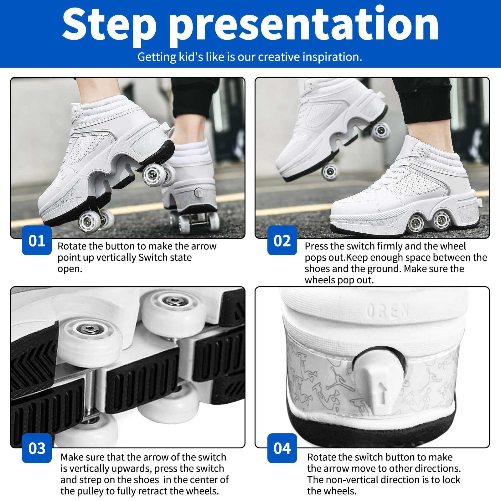 Chaussures à roulettes pour garçons et Filles Basket a Roulette Retractable Baskets Chaussures Qui se transforment en Roller avec 4 Roues pour Adolescents et Adultes