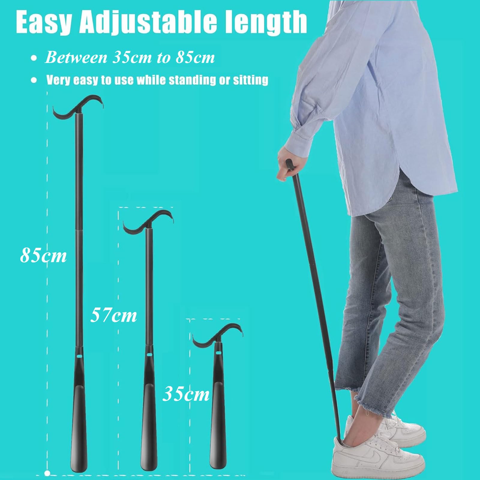 Fanwer Bastone lungo 90,2 cm, calzascarpe con manico lungo per anziani, strumento di rimozione dei calzini, regolabile, per disabili e problemi alla schiena