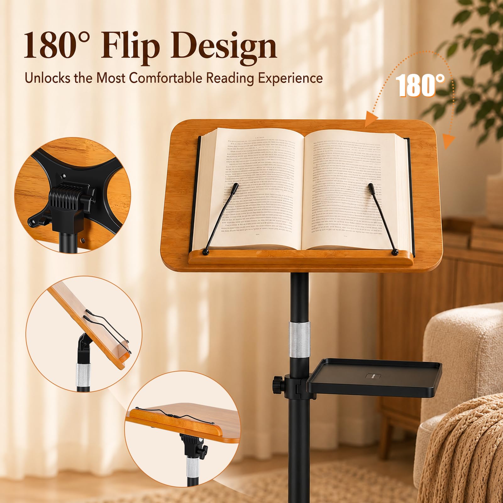 Pupitre de Lecture Enfant Réglable 50–170 cm, Porte-Livre sur Pied | Support en Bois et Métal avec Plateau Souris, Angle 180°, pour Livres, Partitions, Cuisine, Classe et Présentations