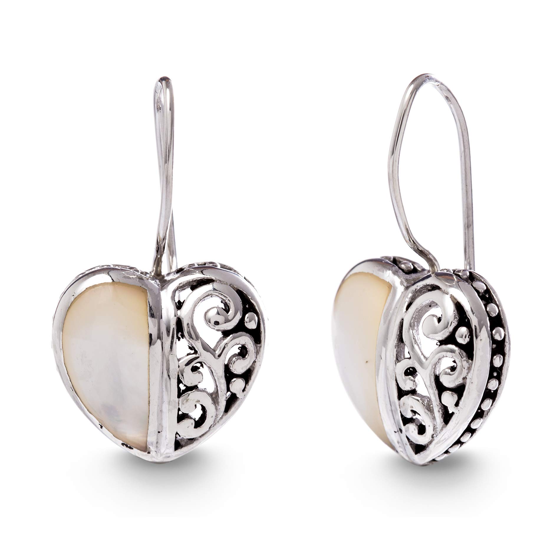Willowbird Rhodium Plated Oxidized 925 Sterling Silver Mother of Pearl Filigree Heart French Wire Drop Earrings for Women